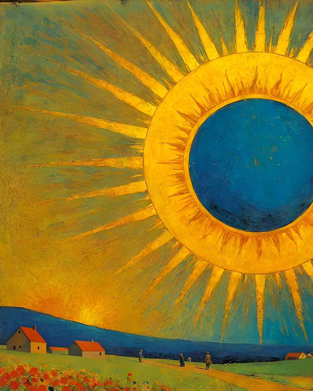 Expressive painting of a huge golden sun with a deep blue center over a village with red roofs, poppy fields and walking figures