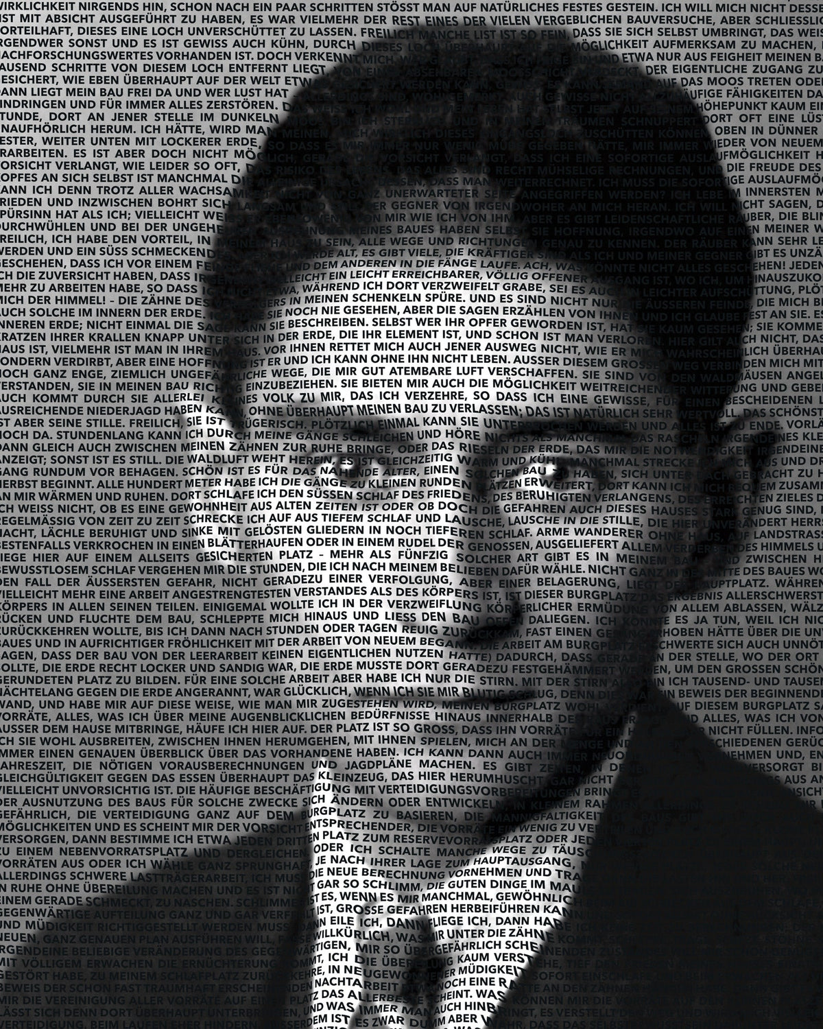 Black-and-white portrait of Franz Kafka composed of lines of German text from his writing