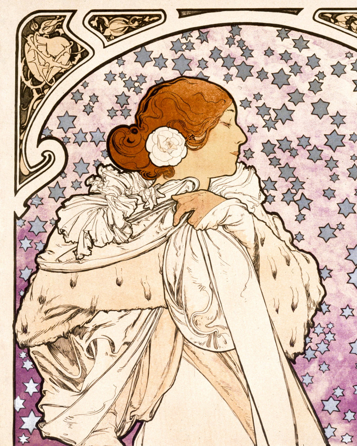 Detail of Alphonse Mucha's poster for La Dame aux Camélias: Sarah Bernhardt with red hair and a white camellia against a starry purple sky