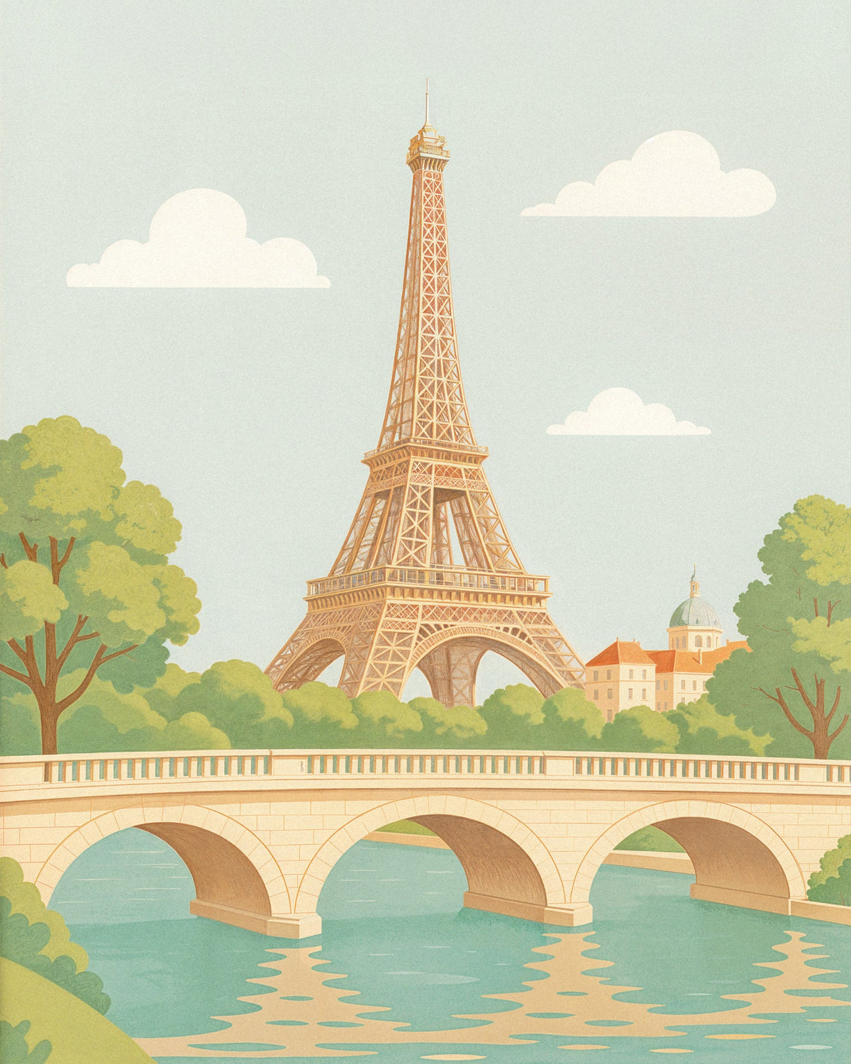 Illustrated travel poster of the Eiffel Tower seen behind a stone bridge over the Seine, with trees and soft clouds