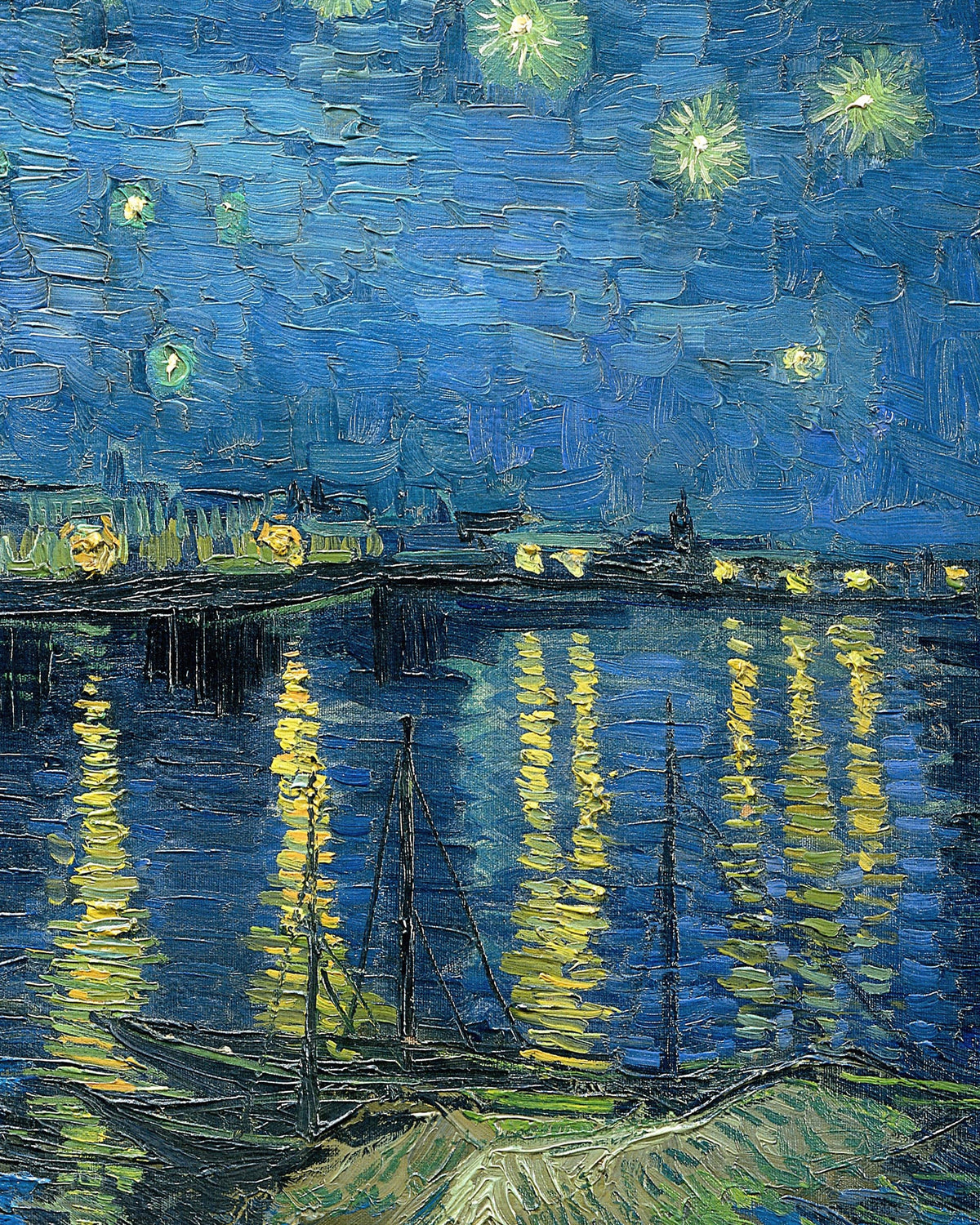 Pormenor de Noite Estrelada sobre o Ródano (1888), de Vincent van Gogh: as luzes de Arles refletem-se no rio sob um céu azul estrelado