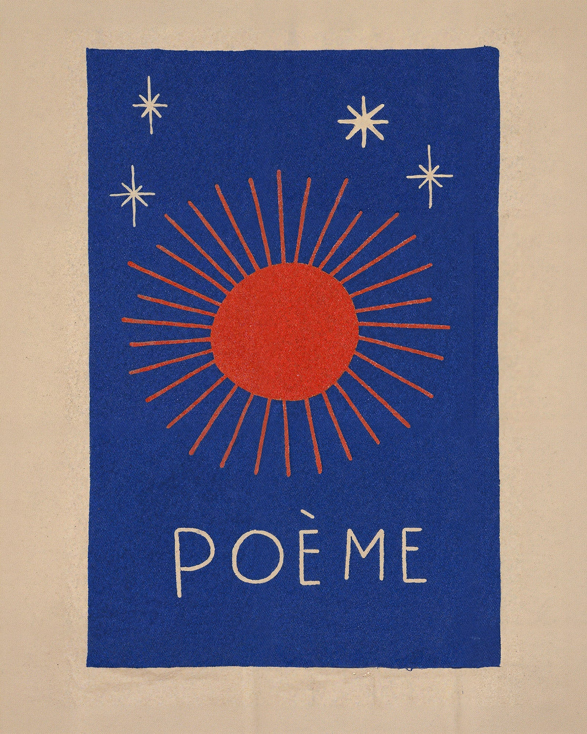 Naive-style poster of a red sun with rays and white stars on a deep blue background above the word Poème