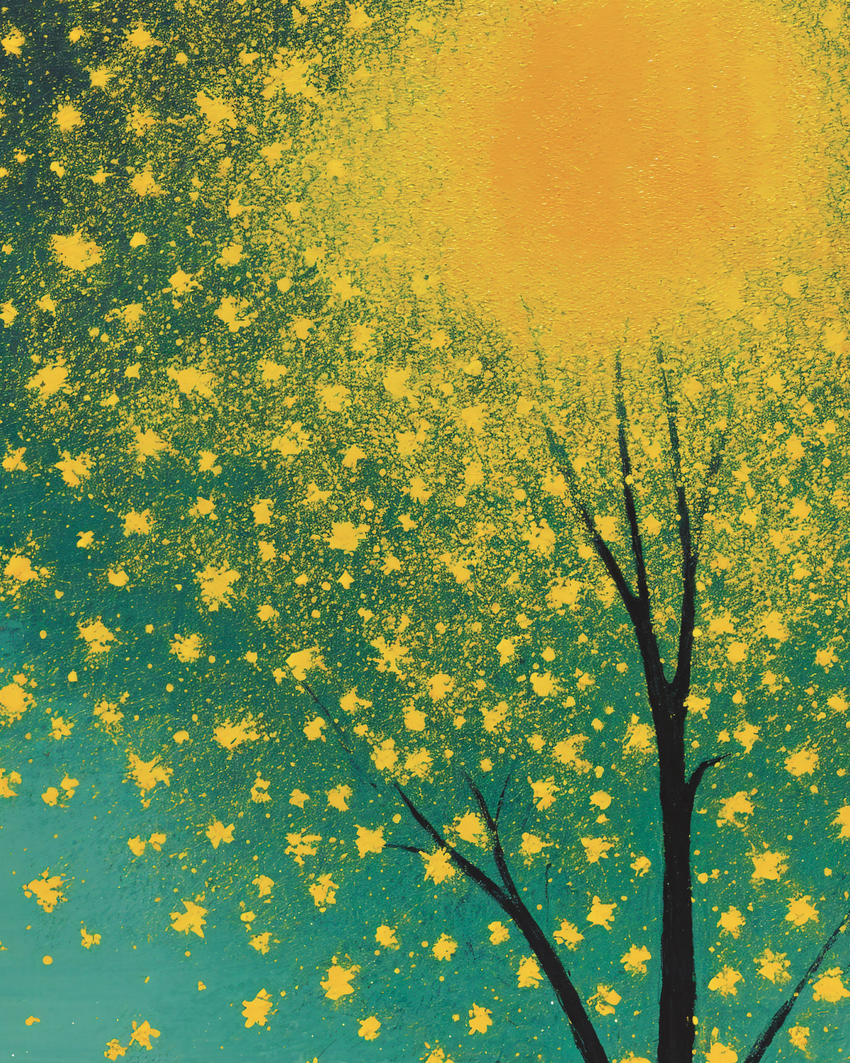 An abstract art print depicting a dark tree silhouette against a textured teal and yellow background with a large glowing yellow-orange sun.