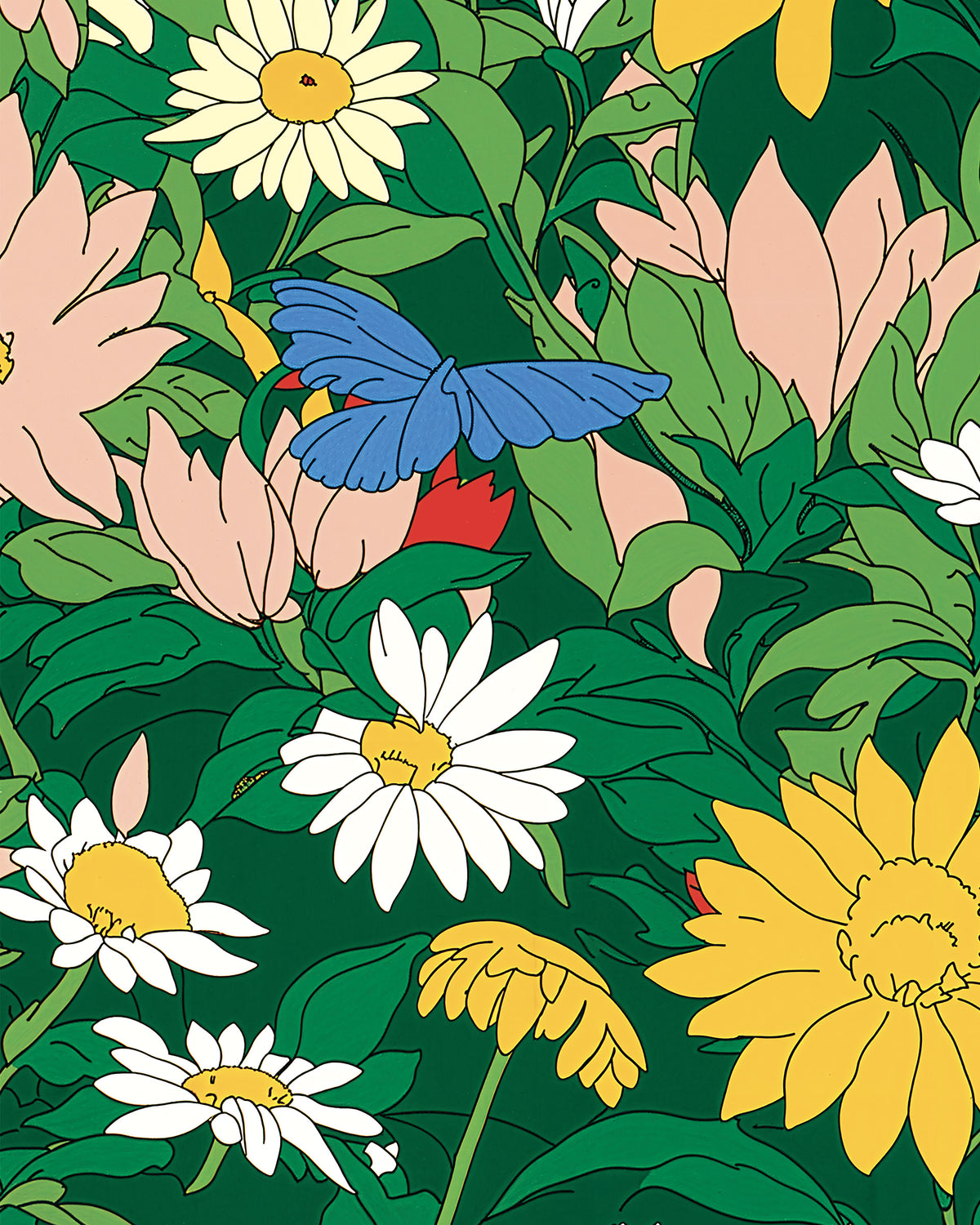 Ilustração de um padrão floral colorido com margaridas brancas e amarelas, flores cor-de-rosa, folhas verdes e uma borboleta azul sobre um fundo verde-escuro.