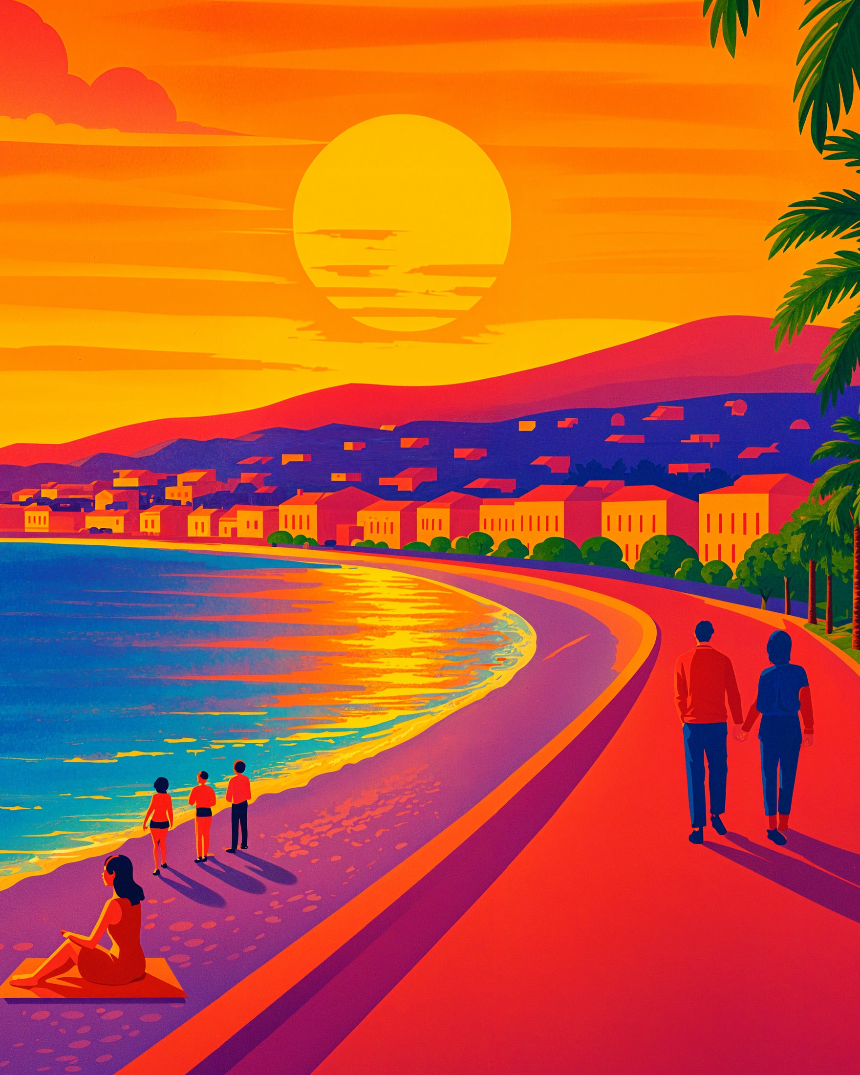 Caminhada ao Pôr do Sol em Nice, França – Promenade des Anglais Poster
