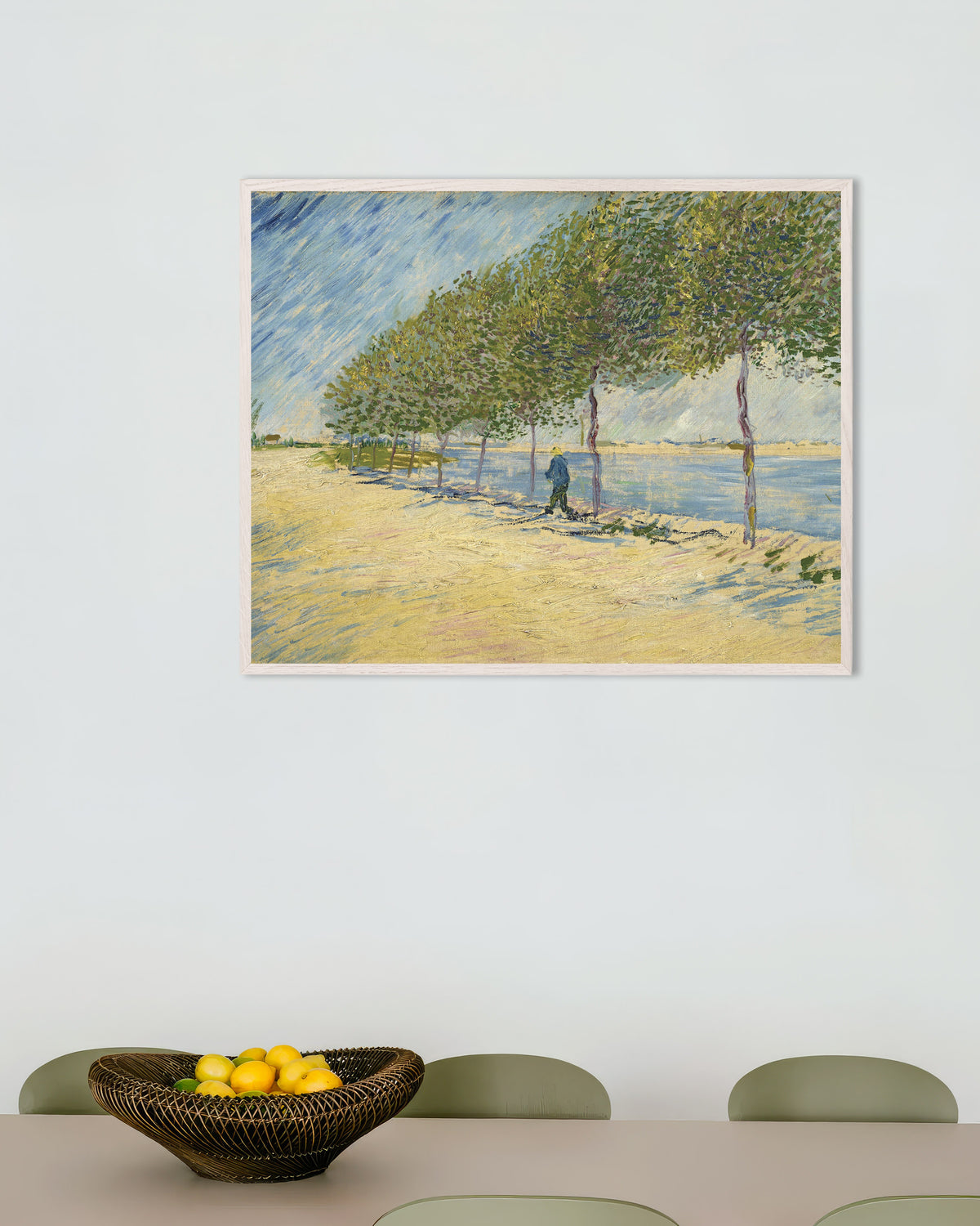 Poster de Ao longo do Sena (1887), de Vincent van Gogh, com moldura de madeira branca