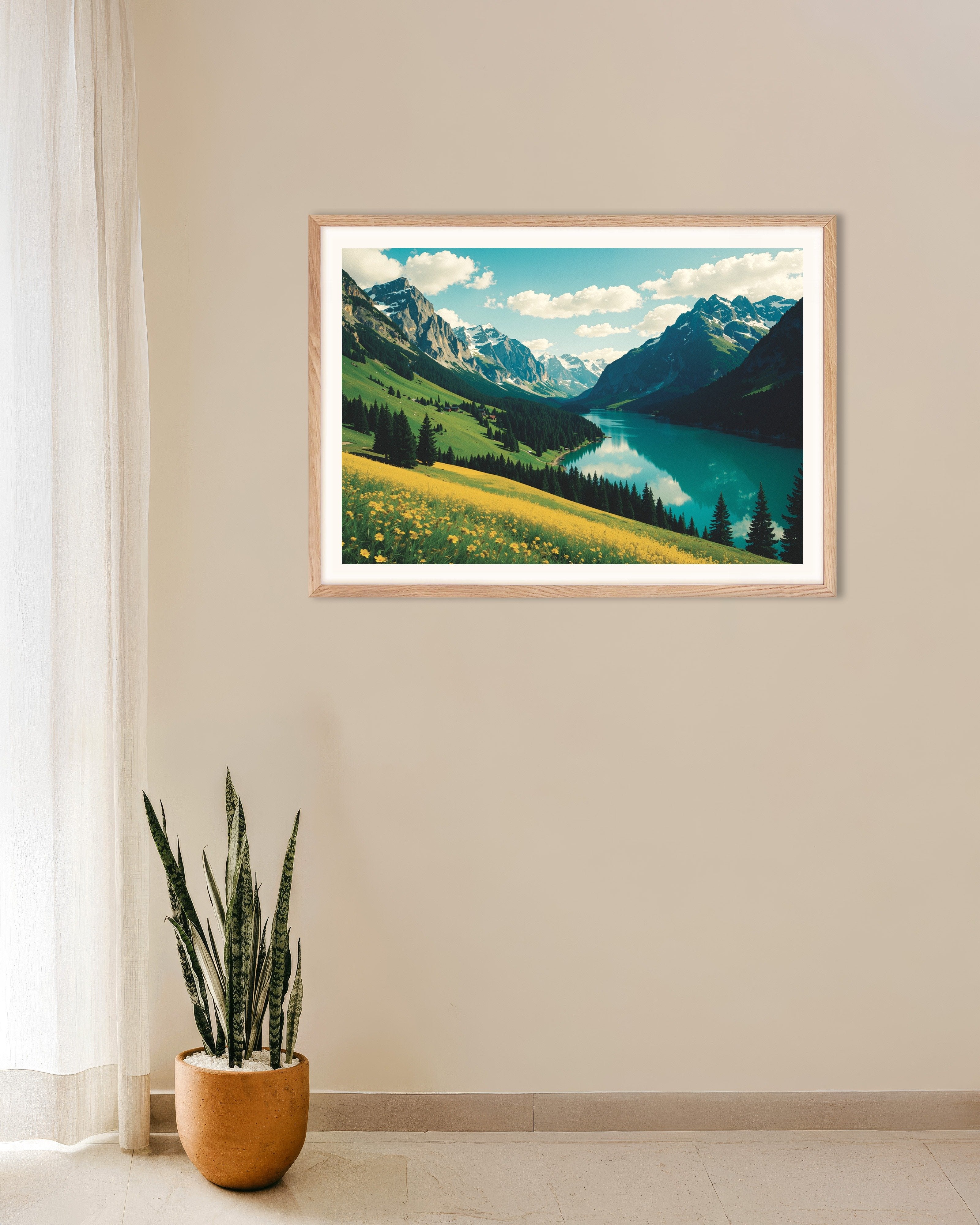 Poster of Alpine valley lake view, with natural wooden frame
