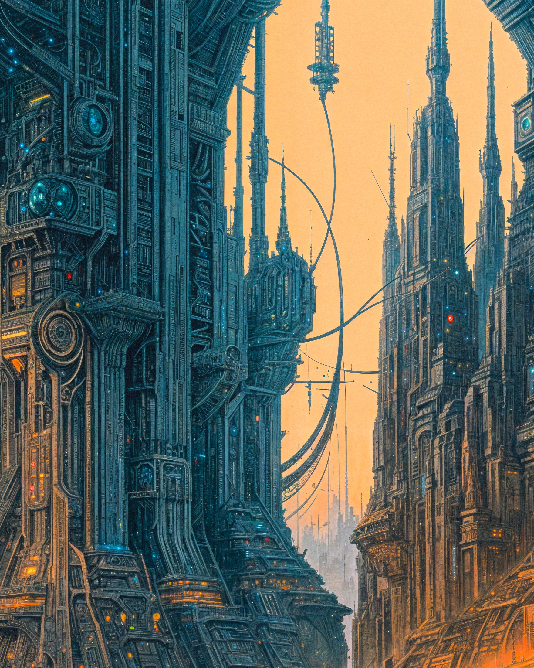 Detailed illustration of futuristic architecture with towering structures and intricate designs.
