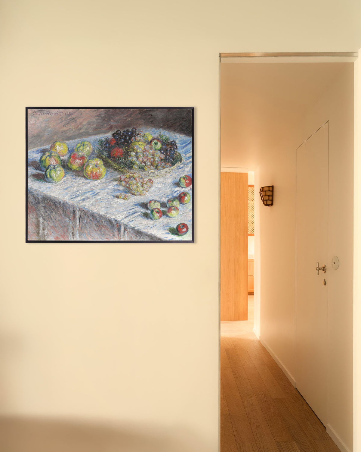 Poster Maçãs e Uvas (1880), de Claude Monet, com moldura de metal