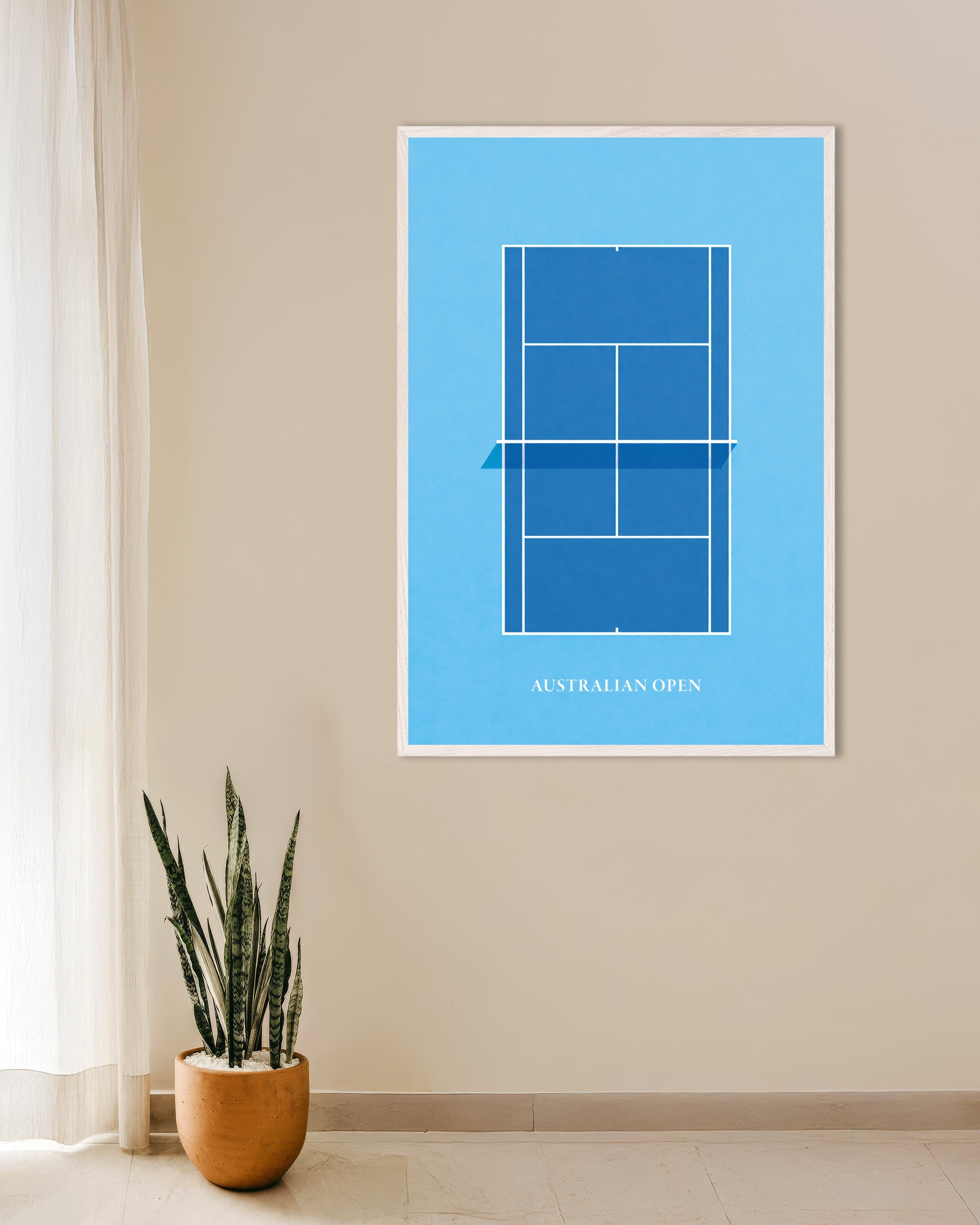 Poster of Australian Open tennis poster – Minimalist blue court art print, with white wooden frame