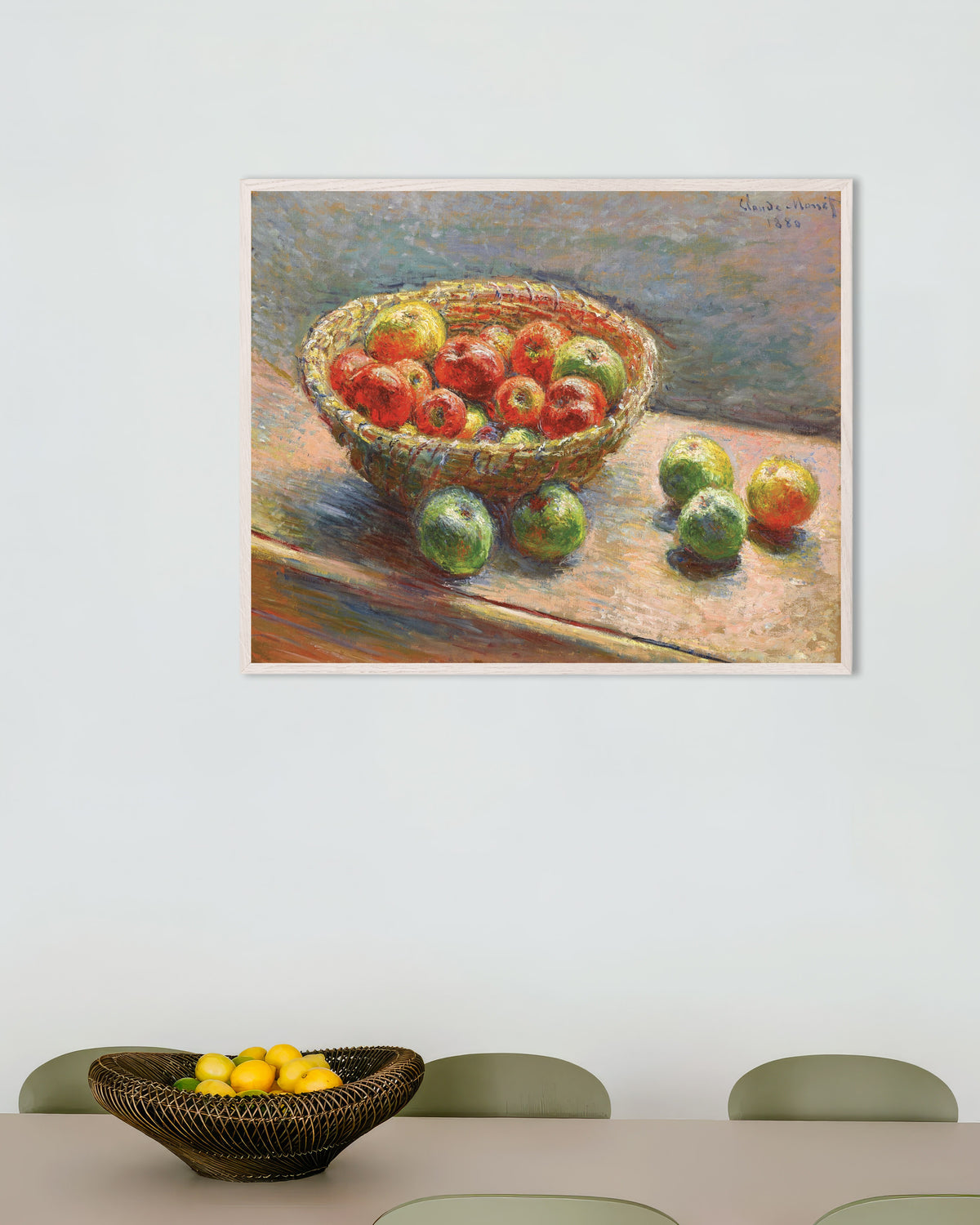 Poster O Cesto de Maçãs (1880), de Claude Monet, com moldura de madeira branca