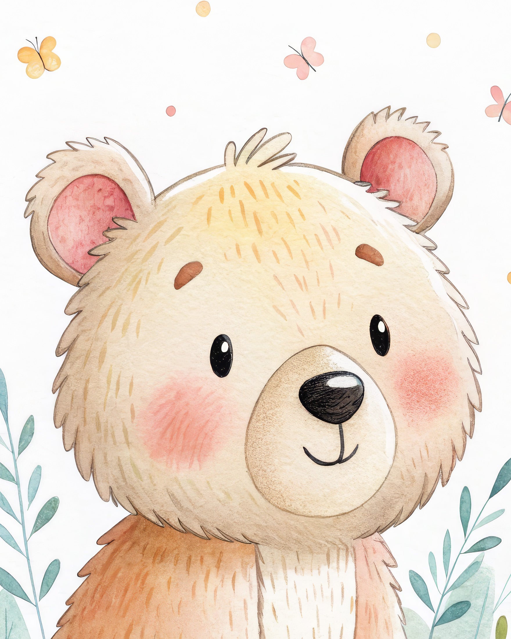 Pôster de Urso Fofo - Arte de Parede para Quarto Infantil com Borboletas