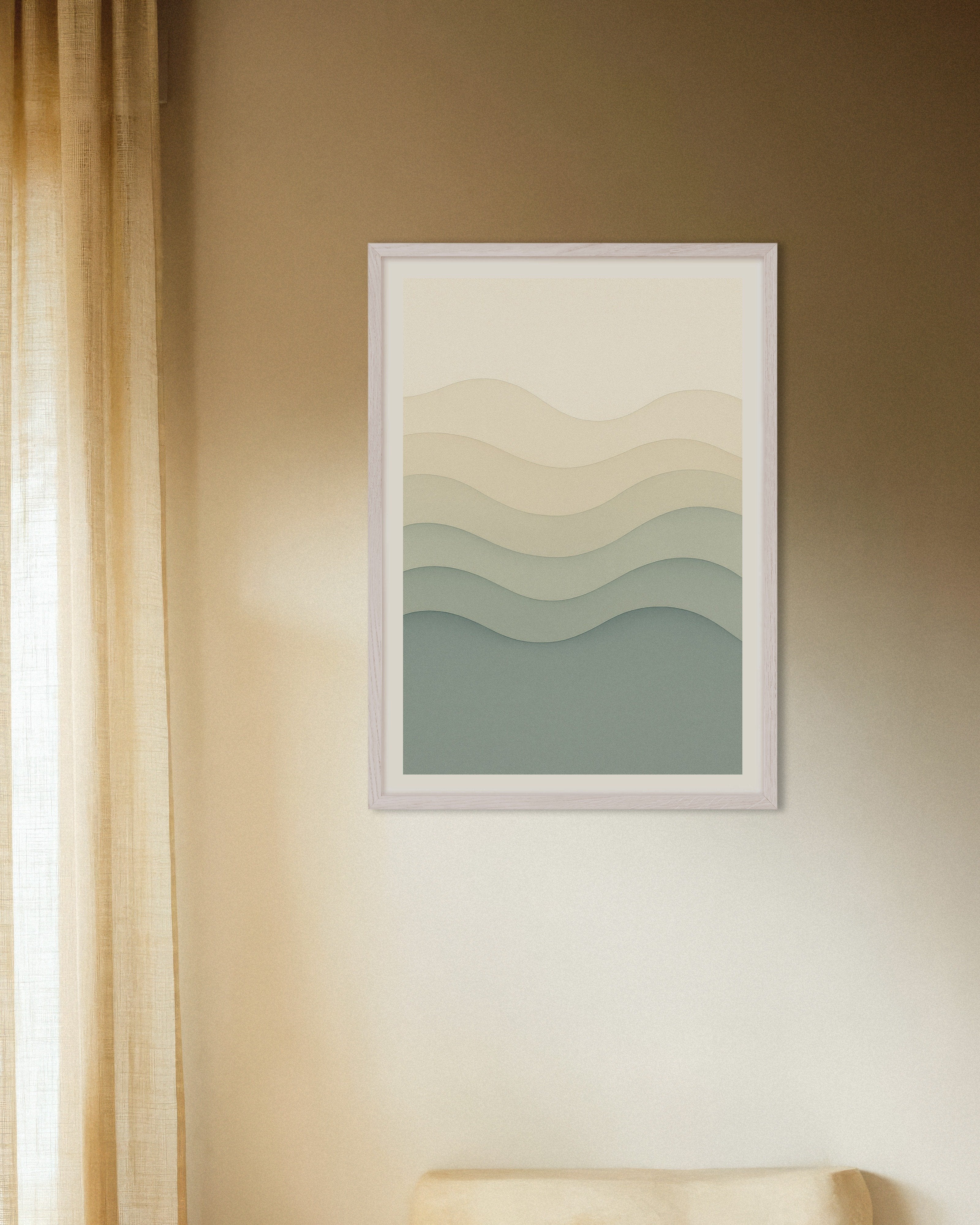 Poster of Beige and blue abstract waves print, with white wooden frame