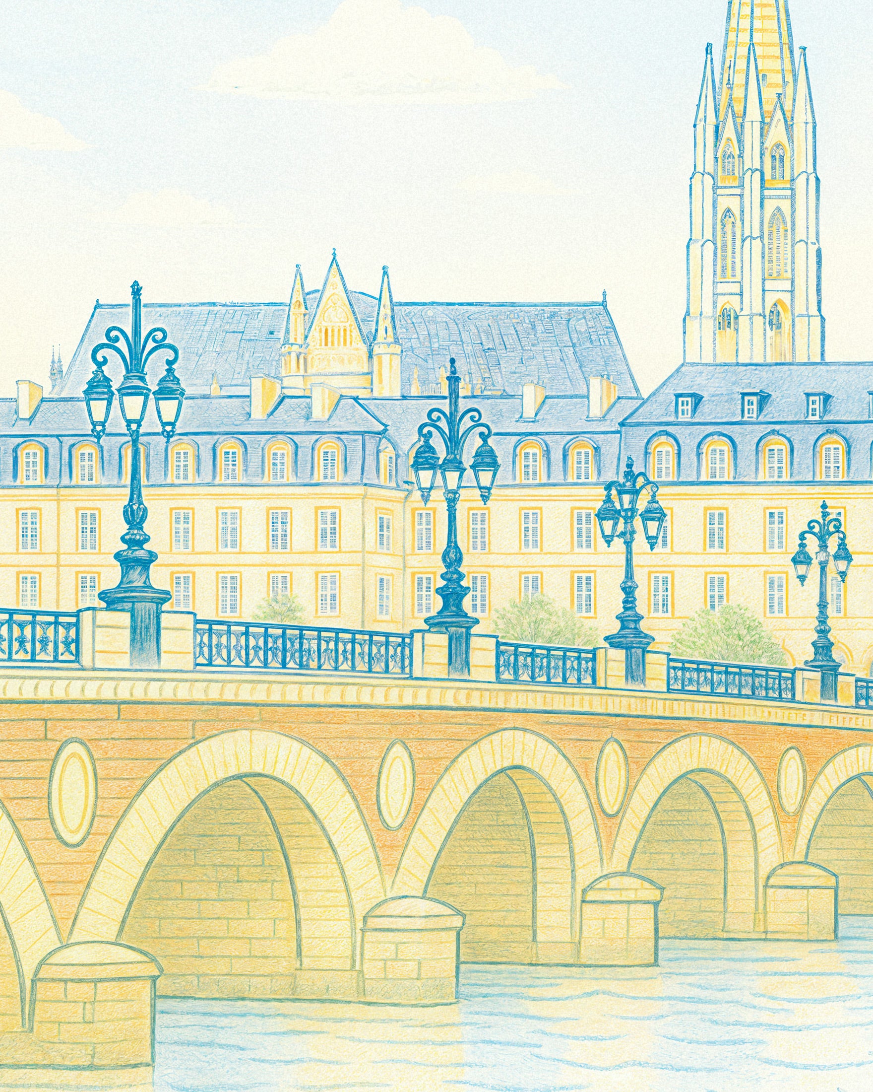 Pôster de Bordeaux – Impressão de Arte de Paisagem Urbana Desenhada à Mão em Pastéis Suaves Poster