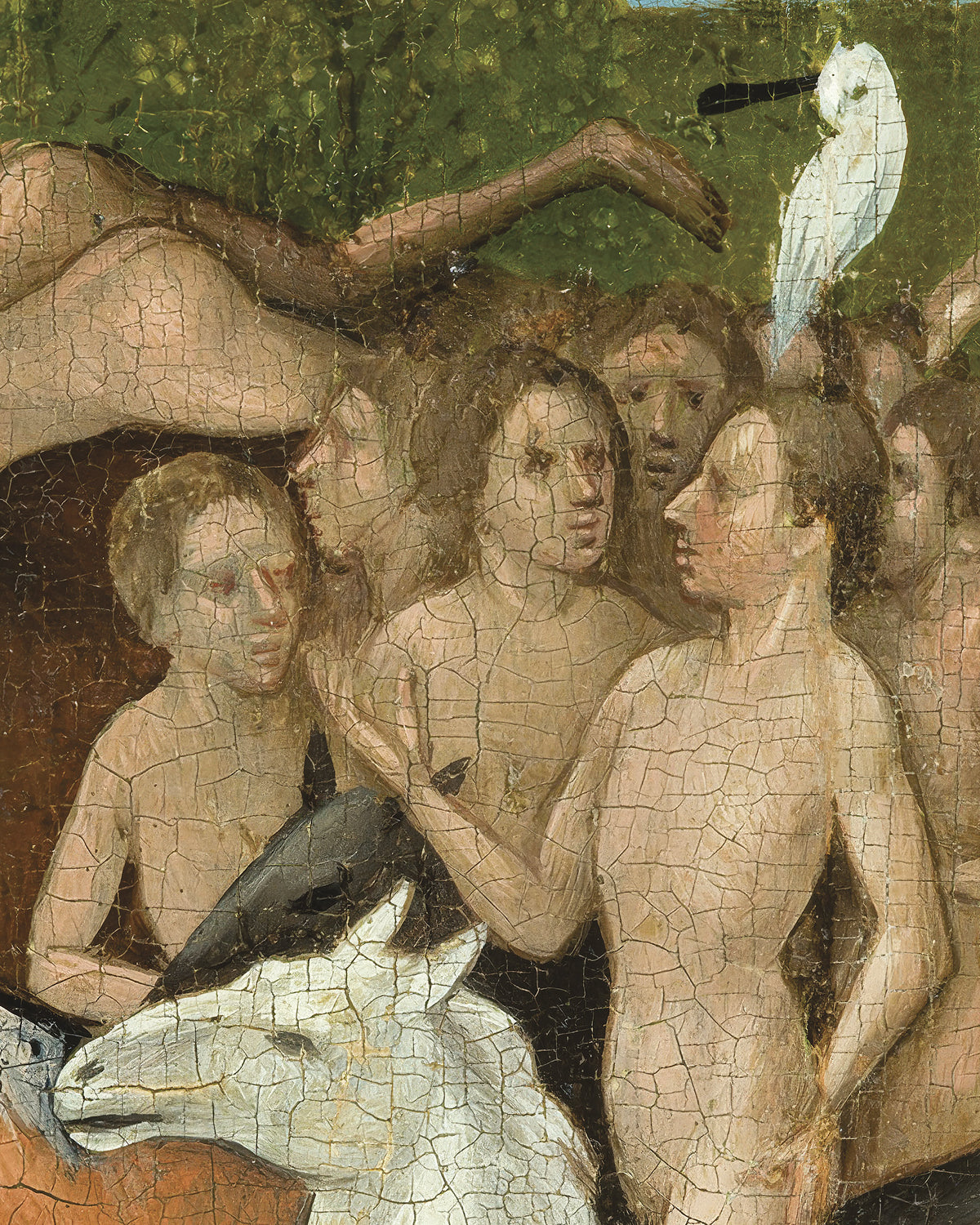 A close-up of a cracked oil painting depicting several nude figures, with a white bird on one figure's head and another white bird at the bottom left, set against a green background.