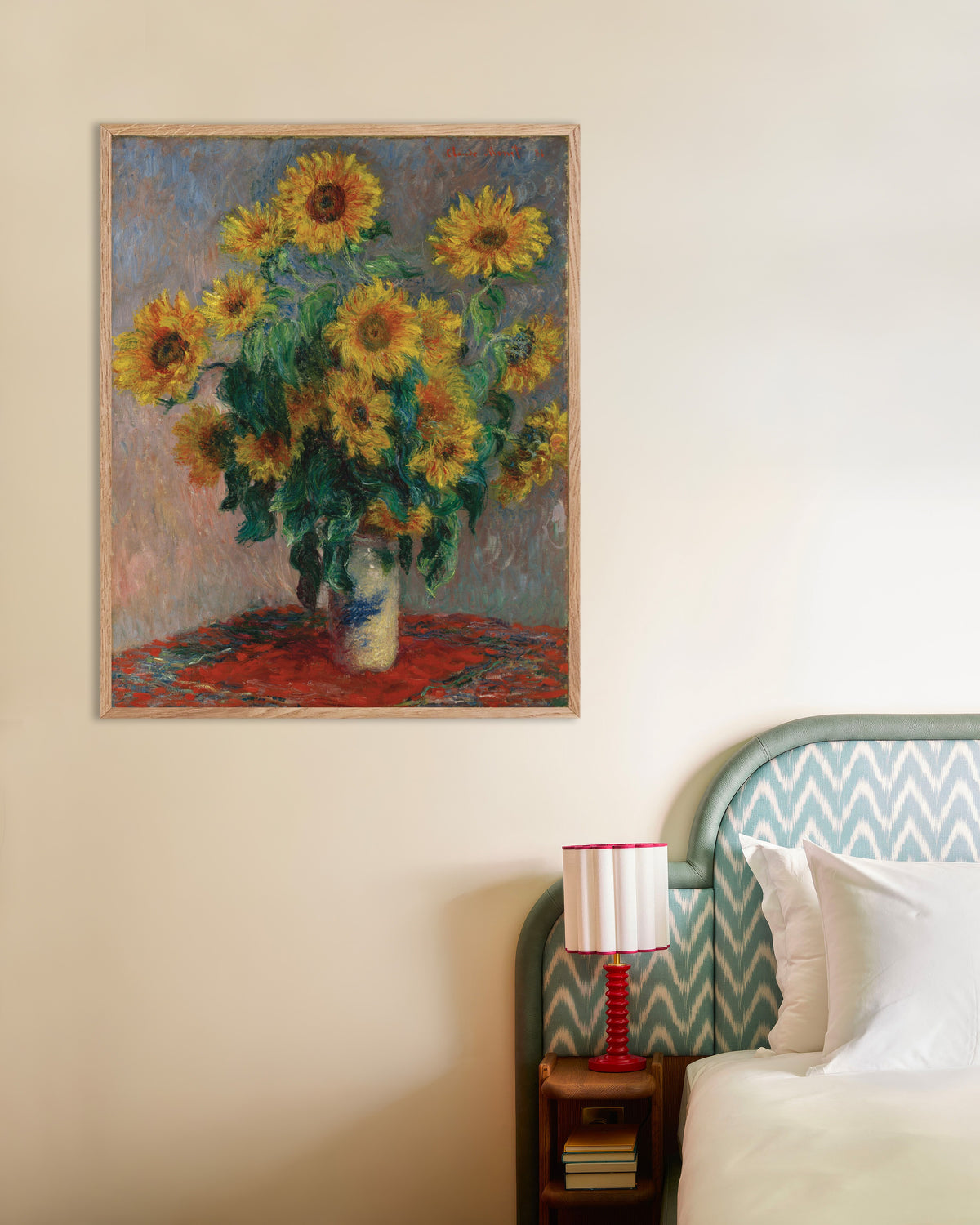 Poster Ramo de Girassóis (1881), de Claude Monet, com moldura de madeira natural
