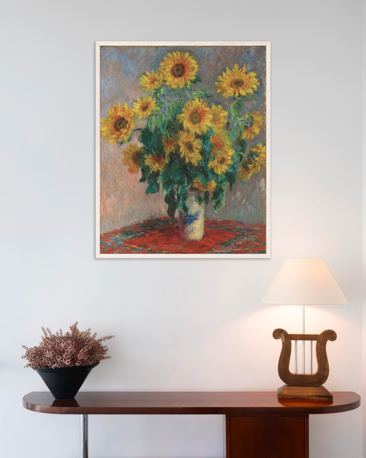 Poster Ramo de Girassóis (1881), de Claude Monet, com moldura de madeira branca