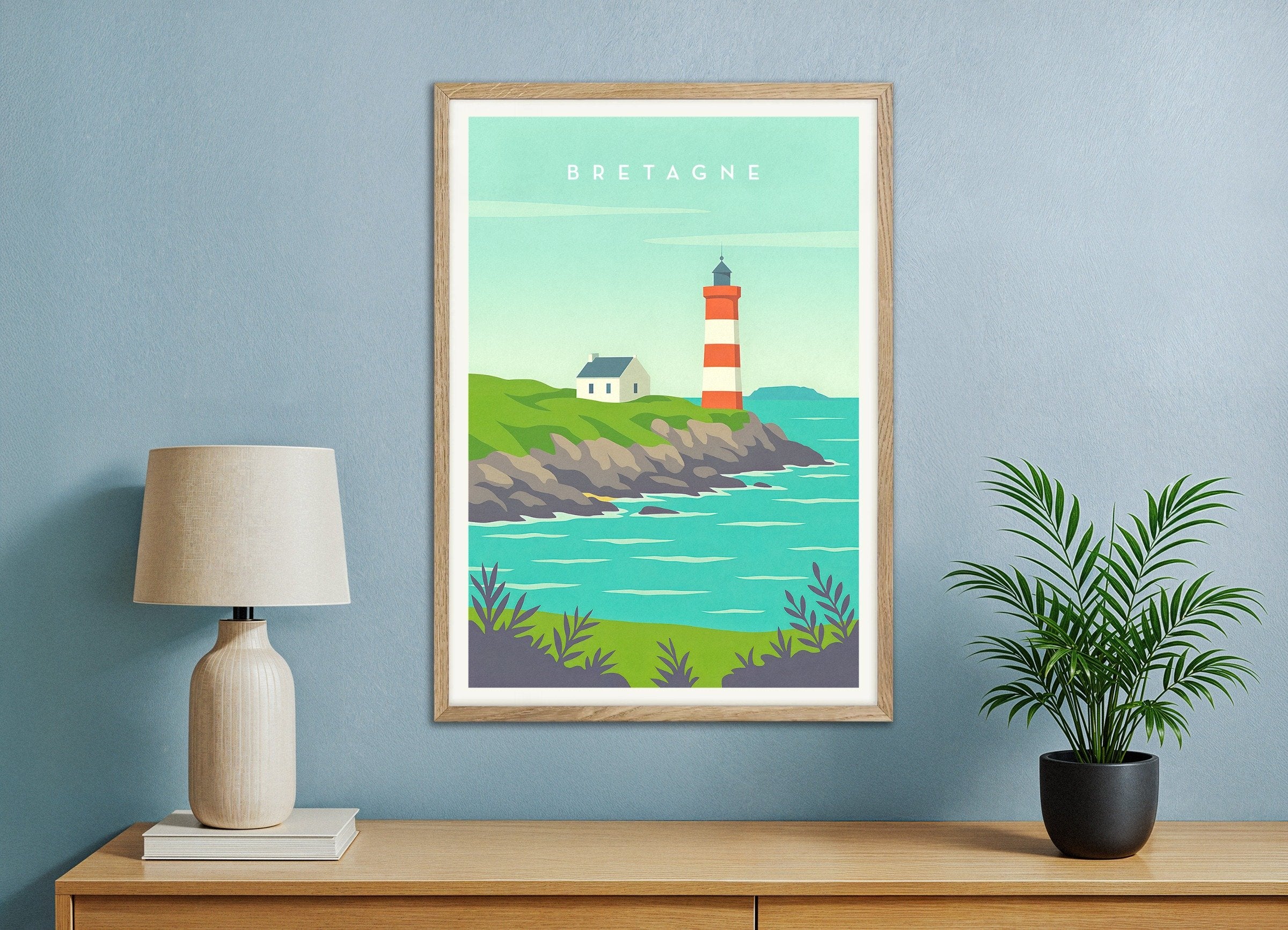 Poster of Brittany Lighthouse Poster - Coastal France Travel Art Print, with natural wooden frame