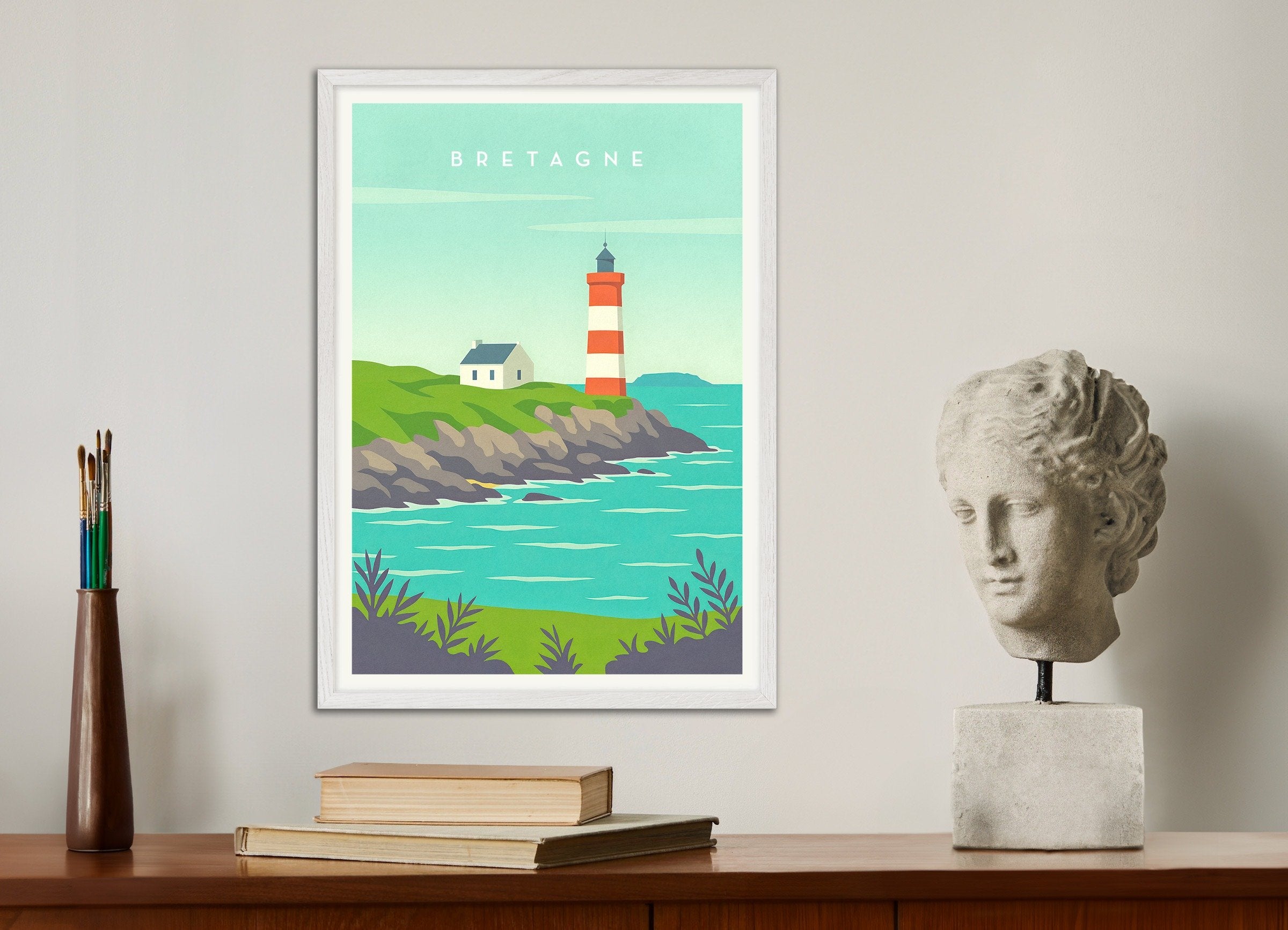 Poster of Brittany Lighthouse Poster - Coastal France Travel Art Print, with white wooden frame