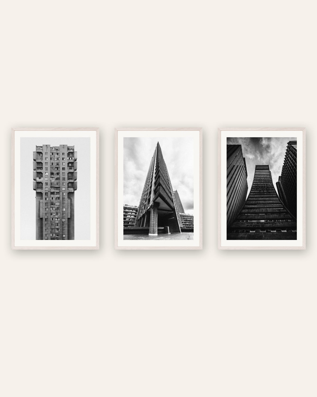 Posters brutalistas, conjunto de 3: torres de betão, com molduras de carvalho branco