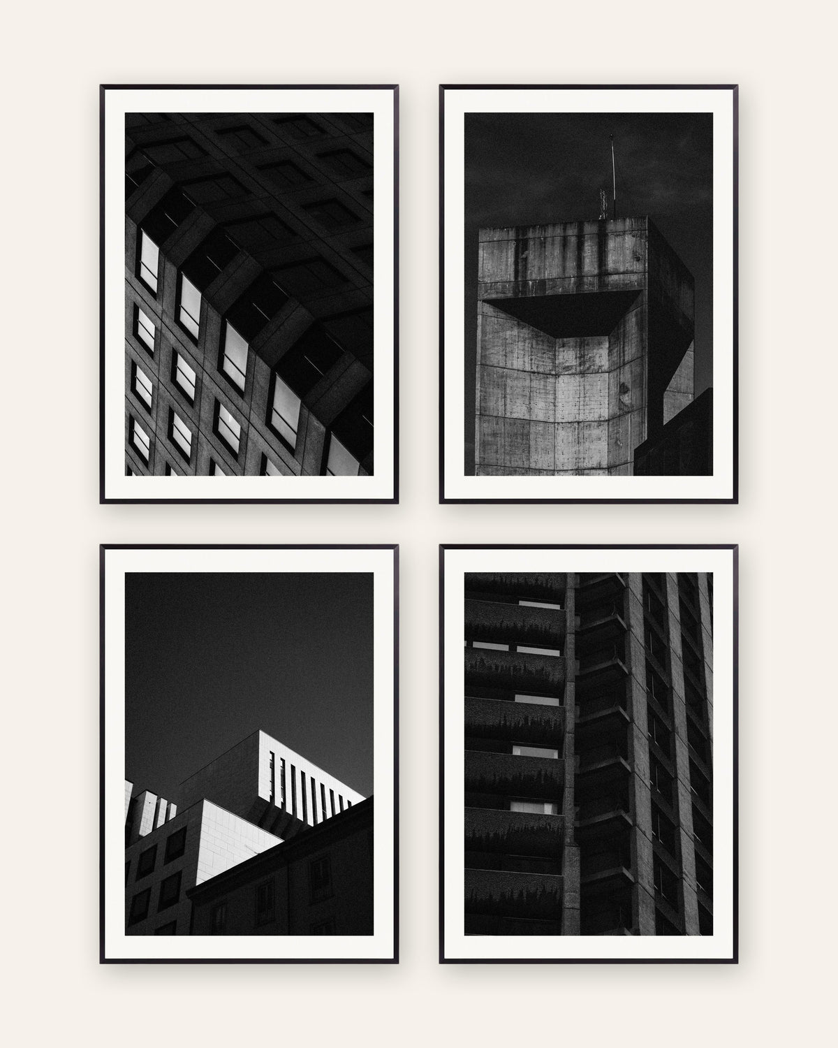 Posters brutalistas, conjunto de 4: o betão à noite, com molduras de metal preto