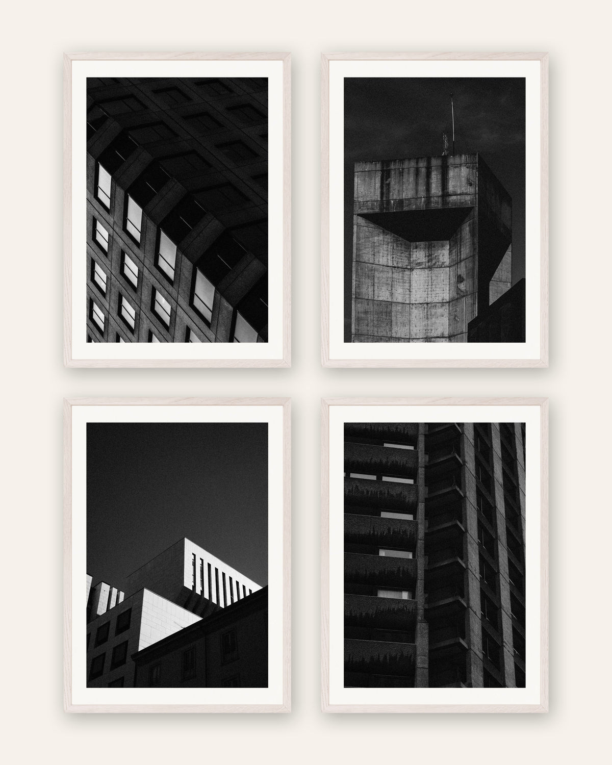 Posters brutalistas, conjunto de 4: o betão à noite, com molduras de carvalho branco