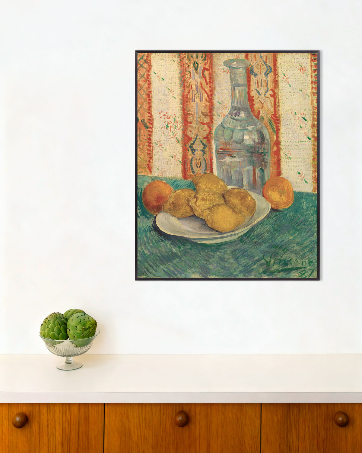 Poster de Garrafa e prato com citrinos (1887), de Vincent van Gogh, com moldura metálica