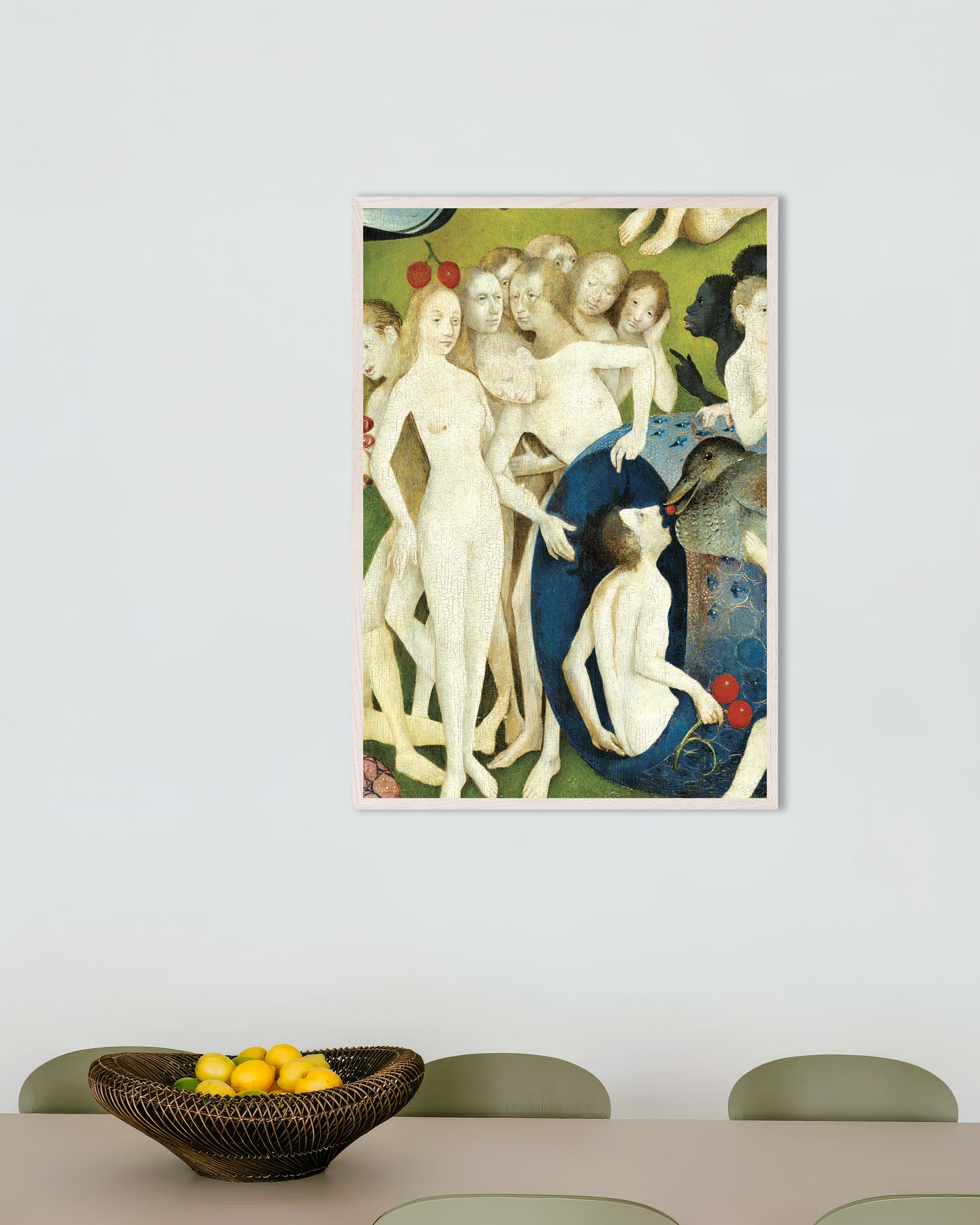 Poster of Cherry head and the giant duck - Detail from The Garden of Earthly Delights, with white wooden frame