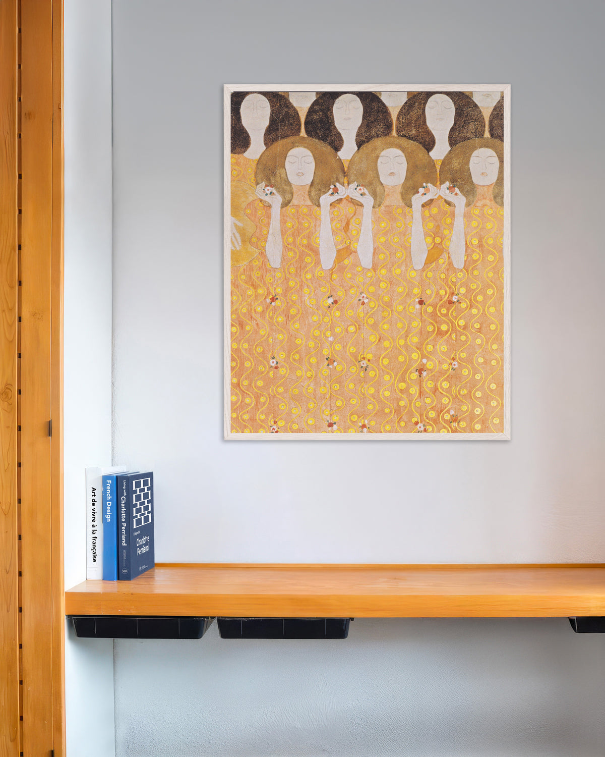 Poster Coro dos Anjos do Paraíso, Friso de Beethoven (1902), de Gustav Klimt, com moldura de madeira branca