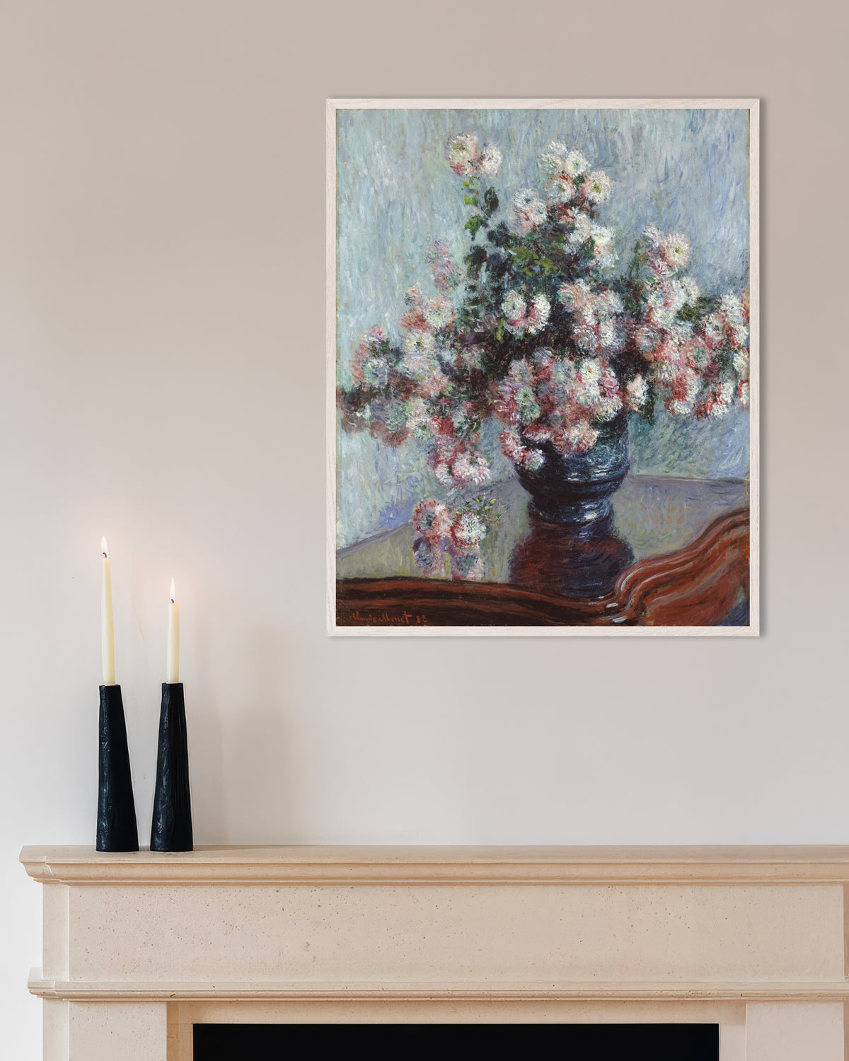 Poster Crisântemos (1882), de Claude Monet, com moldura de madeira branca