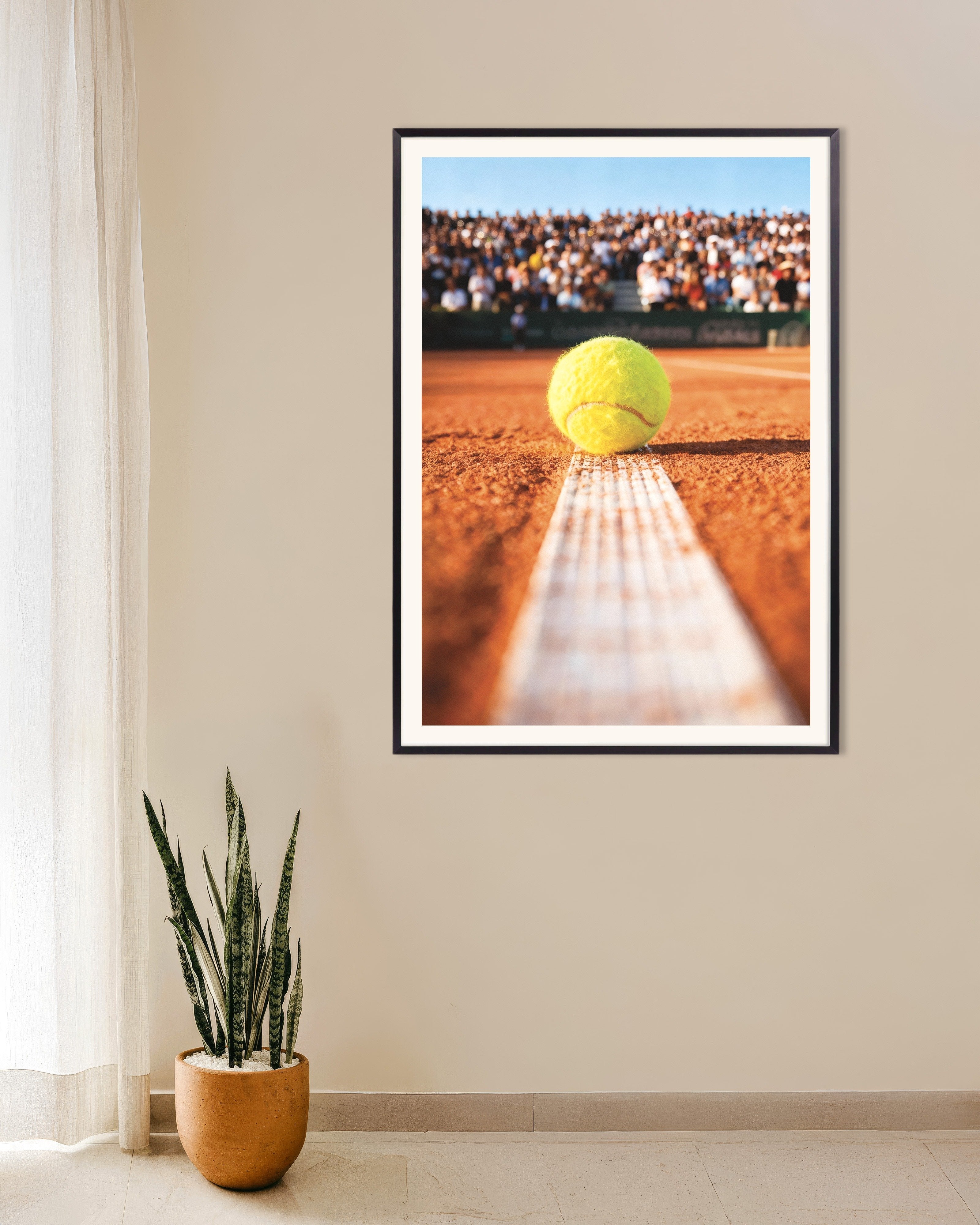 Poster of Clay court tennis poster – Close-up ball photography print, with metal frame