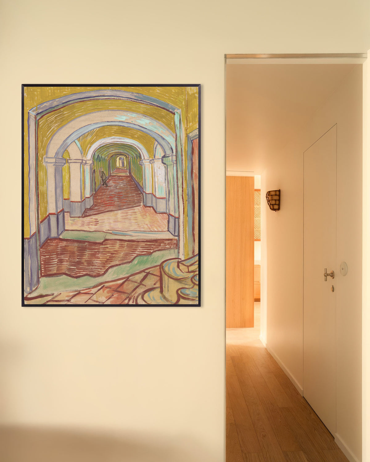 Poster de Corredor no Asilo (1889), de Vincent van Gogh, com moldura metálica