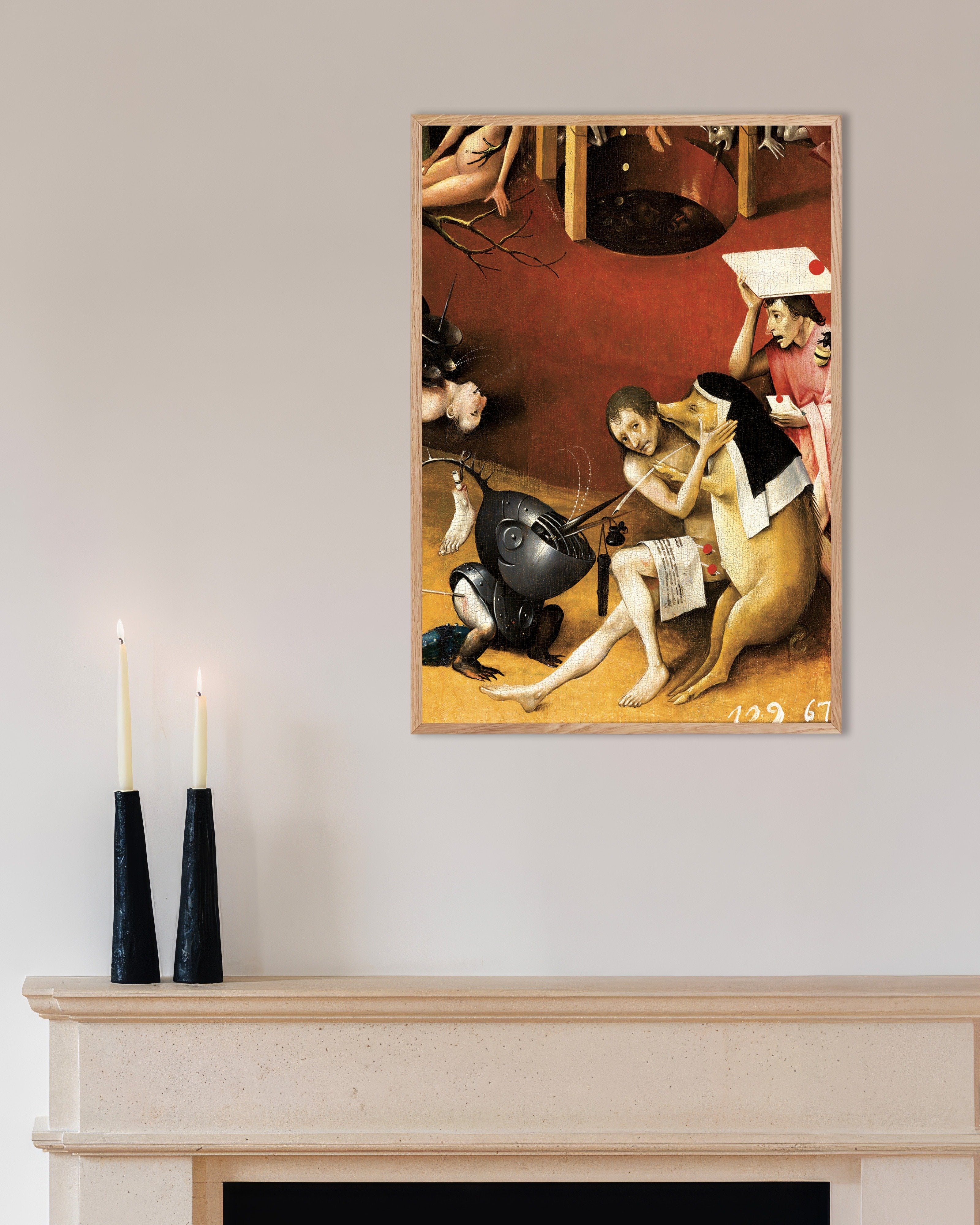 Poster of Detail from The Garden of Earthly Delights: the pig nun, with natural wooden frame