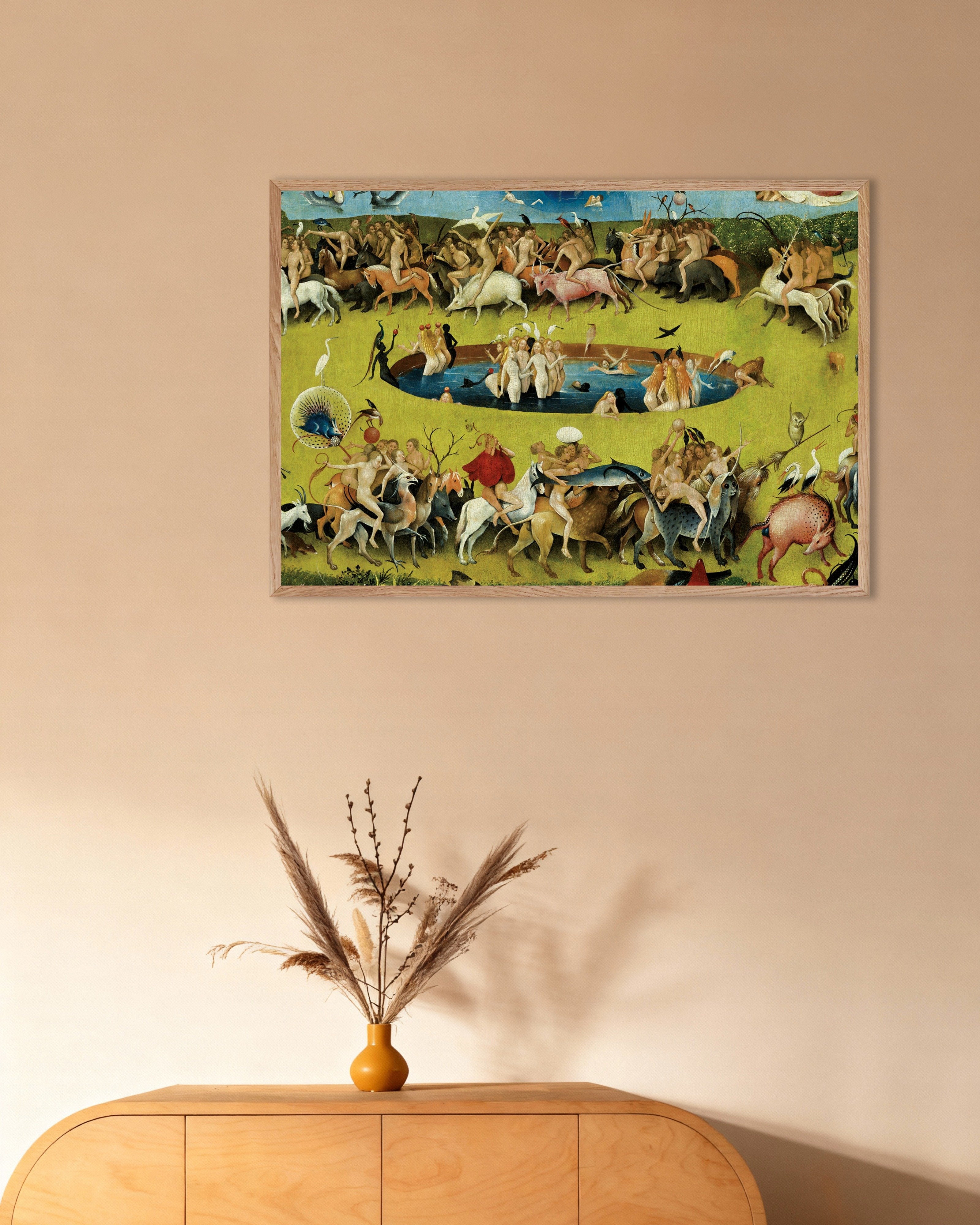 Poster of Detail from The Garden of Earthly Delights: the pool and the parade, with natural wooden frame