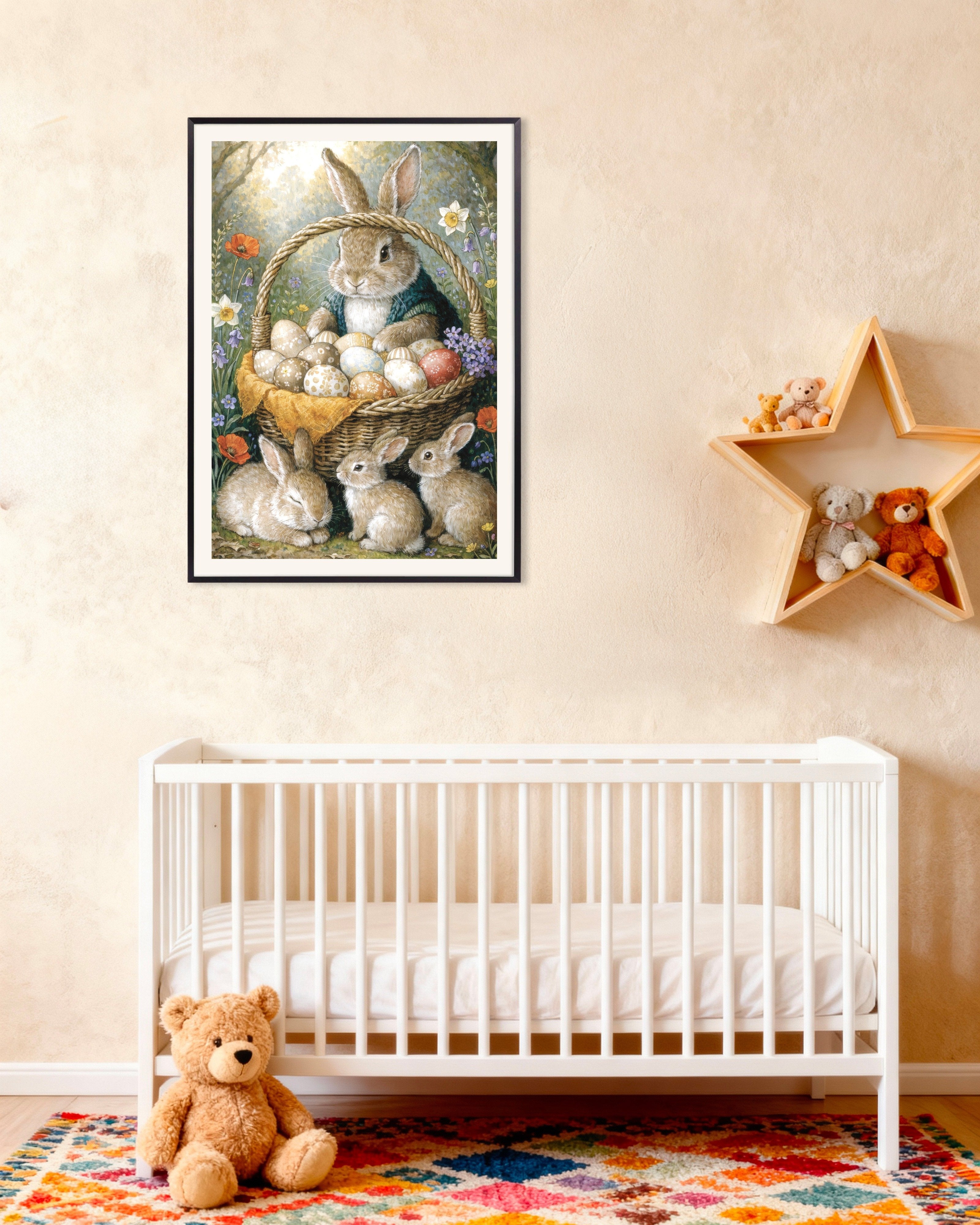 Poster of Easter Bunny Basket with Painted Eggs Poster, with metal frame