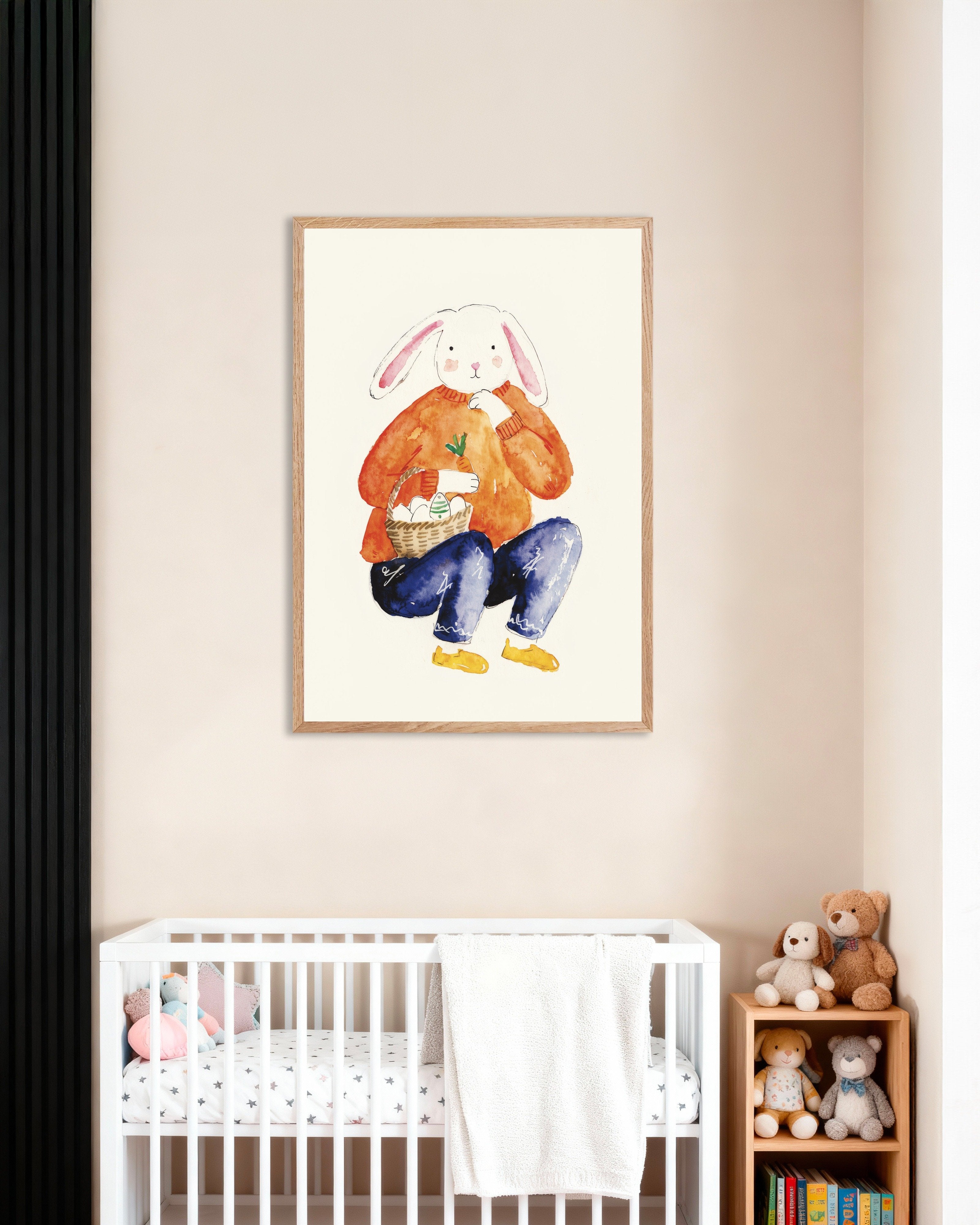 Poster of Easter Bunny in Orange Sweater - Watercolor Poster, with natural wooden frame