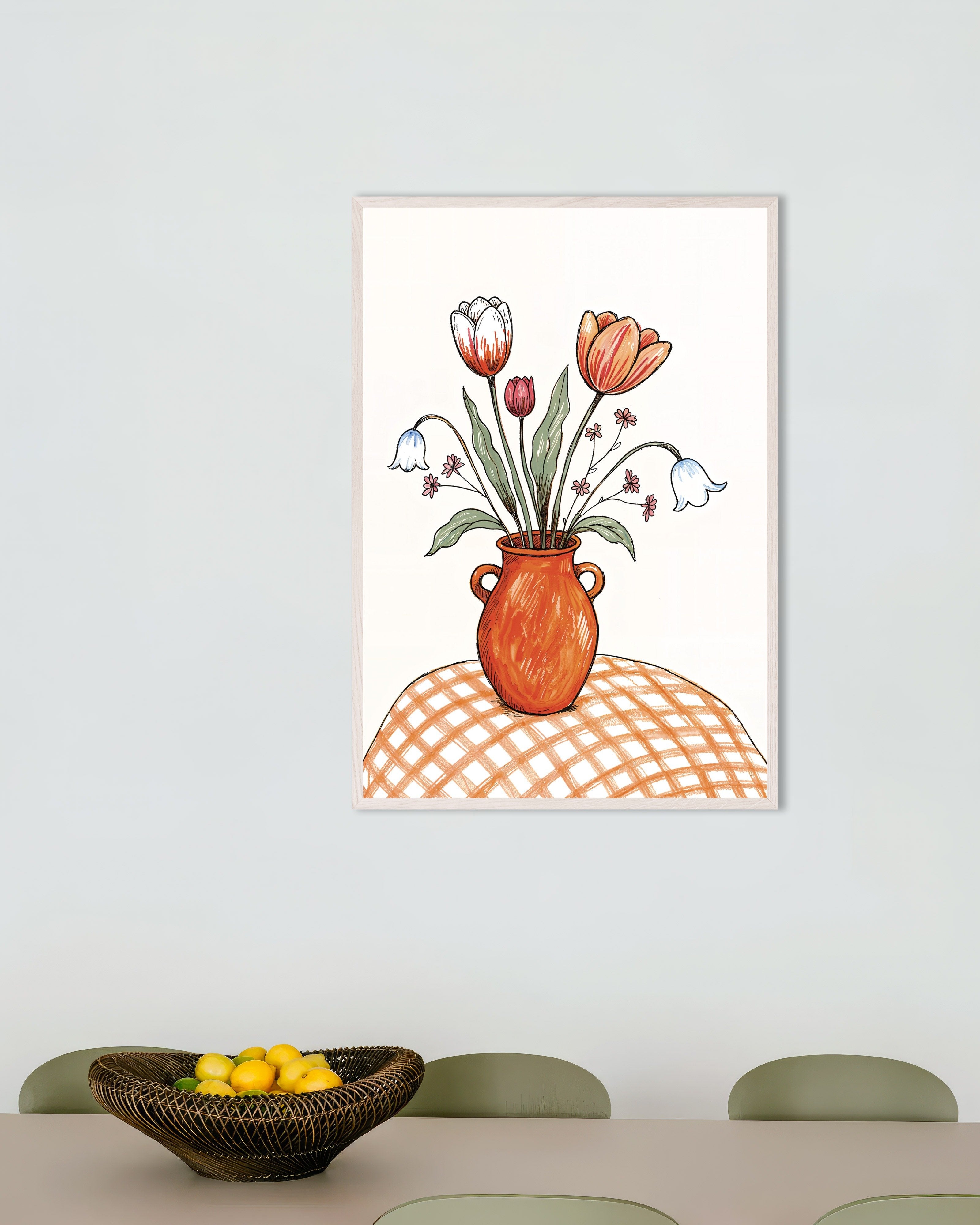 Poster of Easter Tulips Still Life in Terracotta, with white wooden frame
