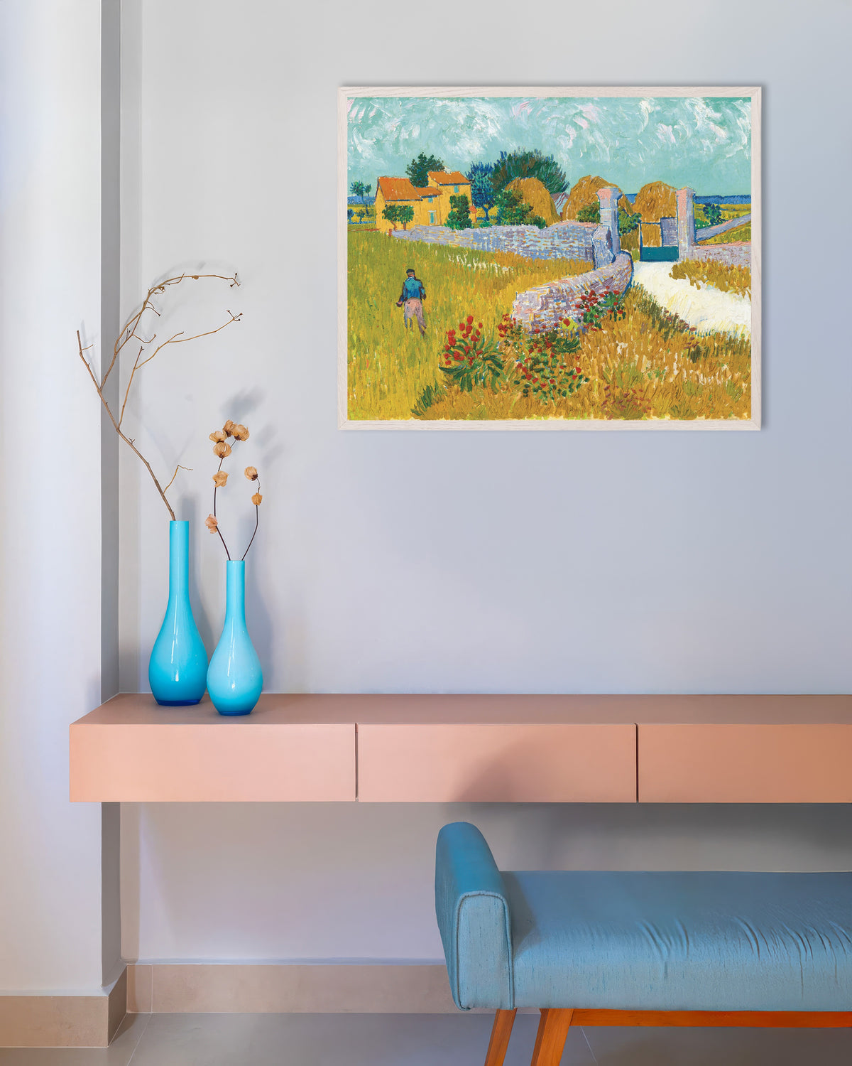 Poster de Casa de campo na Provença (1888), de Vincent van Gogh, com moldura de madeira branca