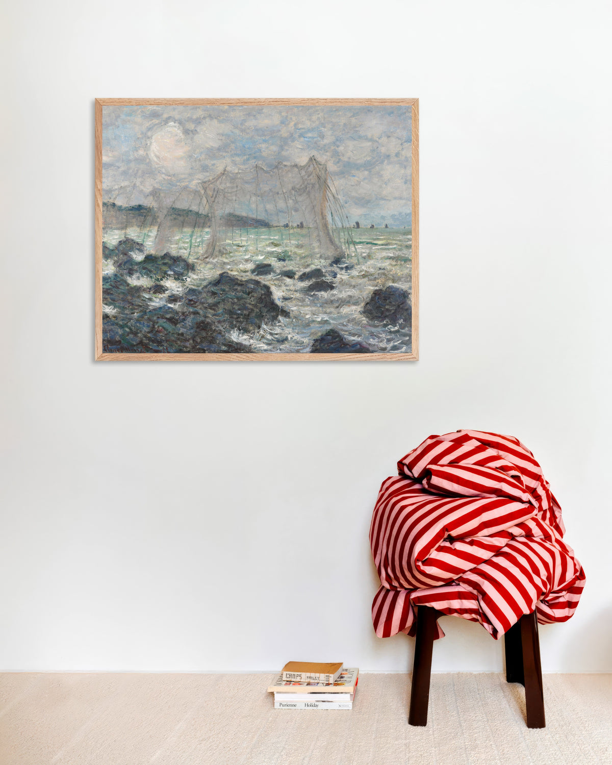 Poster Redes de Pesca em Pourville (1882), de Claude Monet, com moldura de madeira natural