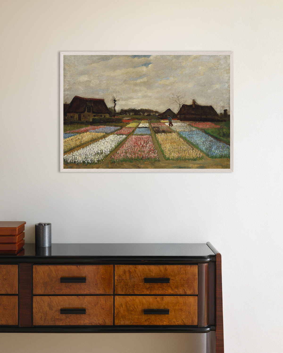 Poster de Canteiros de flores na Holanda (c. 1883), de Vincent van Gogh, com moldura de madeira branca