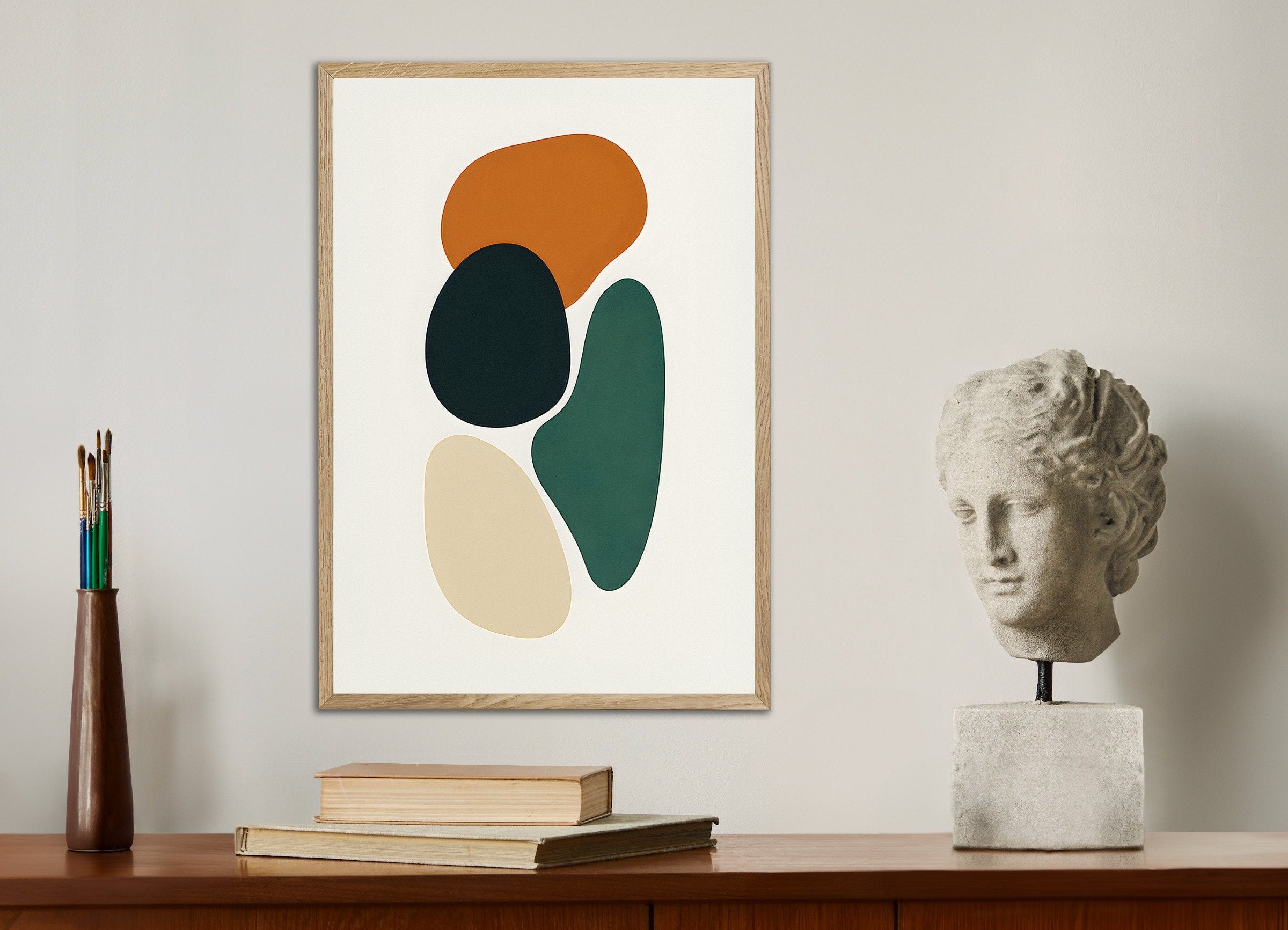 Poster of Four Organic Shapes – Minimalist Abstract Art Print, with natural wooden frame