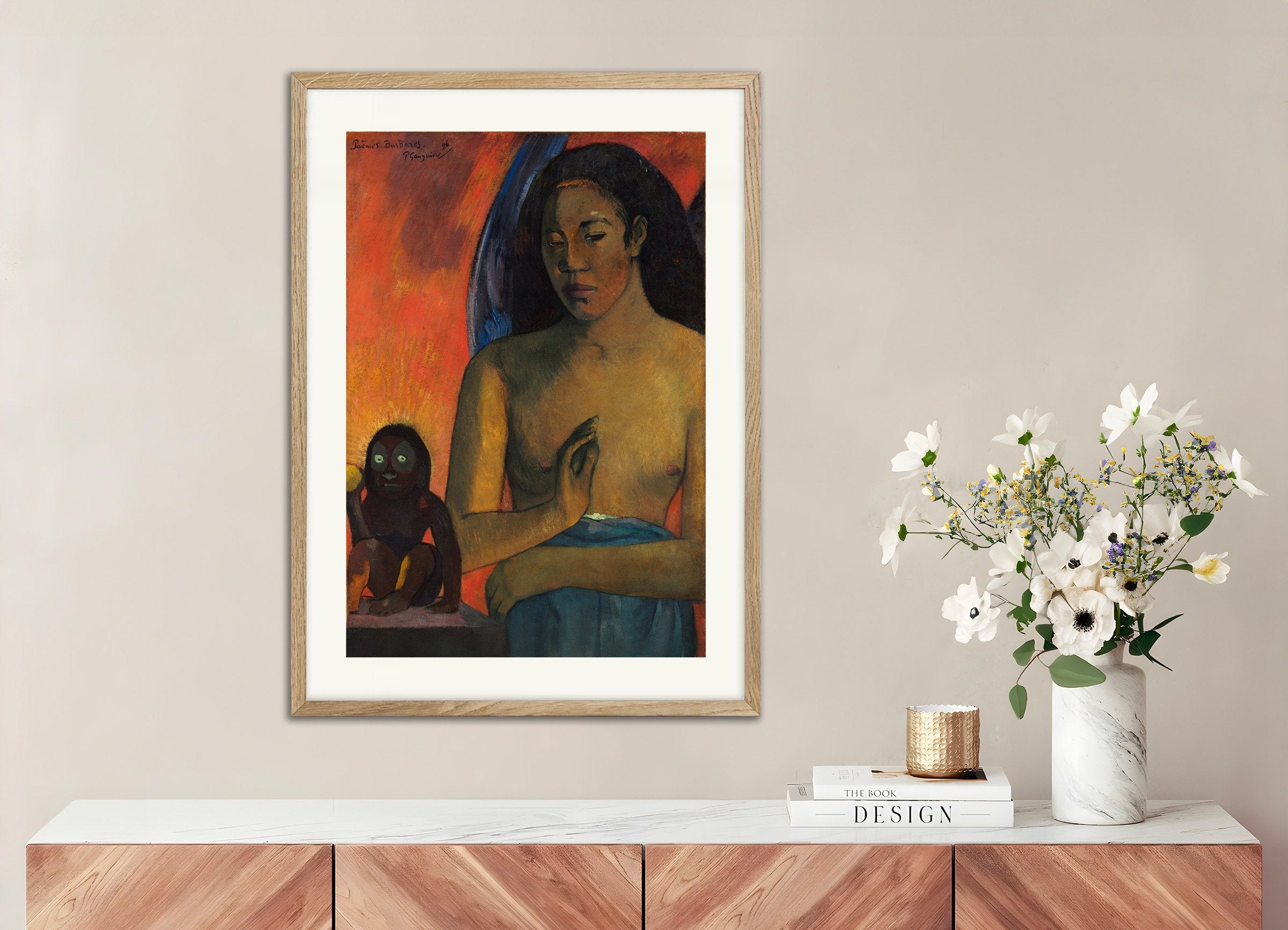 Poster of Gauguin Print - Poèmes Barbares, 1896, with natural wooden frame