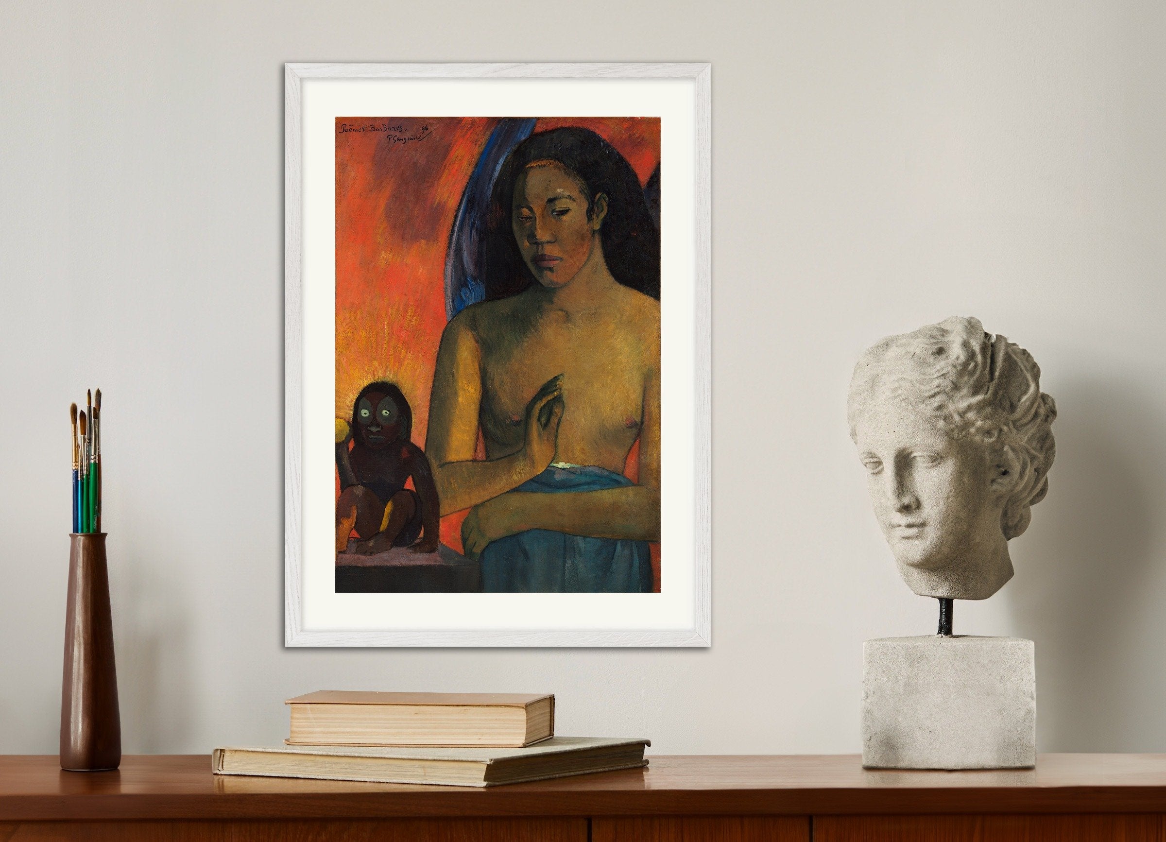 Poster of Gauguin Print - Poèmes Barbares, 1896, with white wooden frame