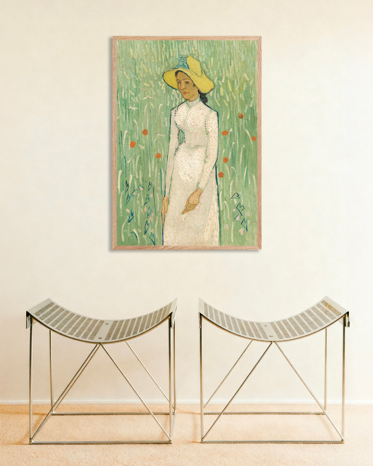 Poster de Rapariga de Branco (1890), de Vincent van Gogh, com moldura de madeira natural