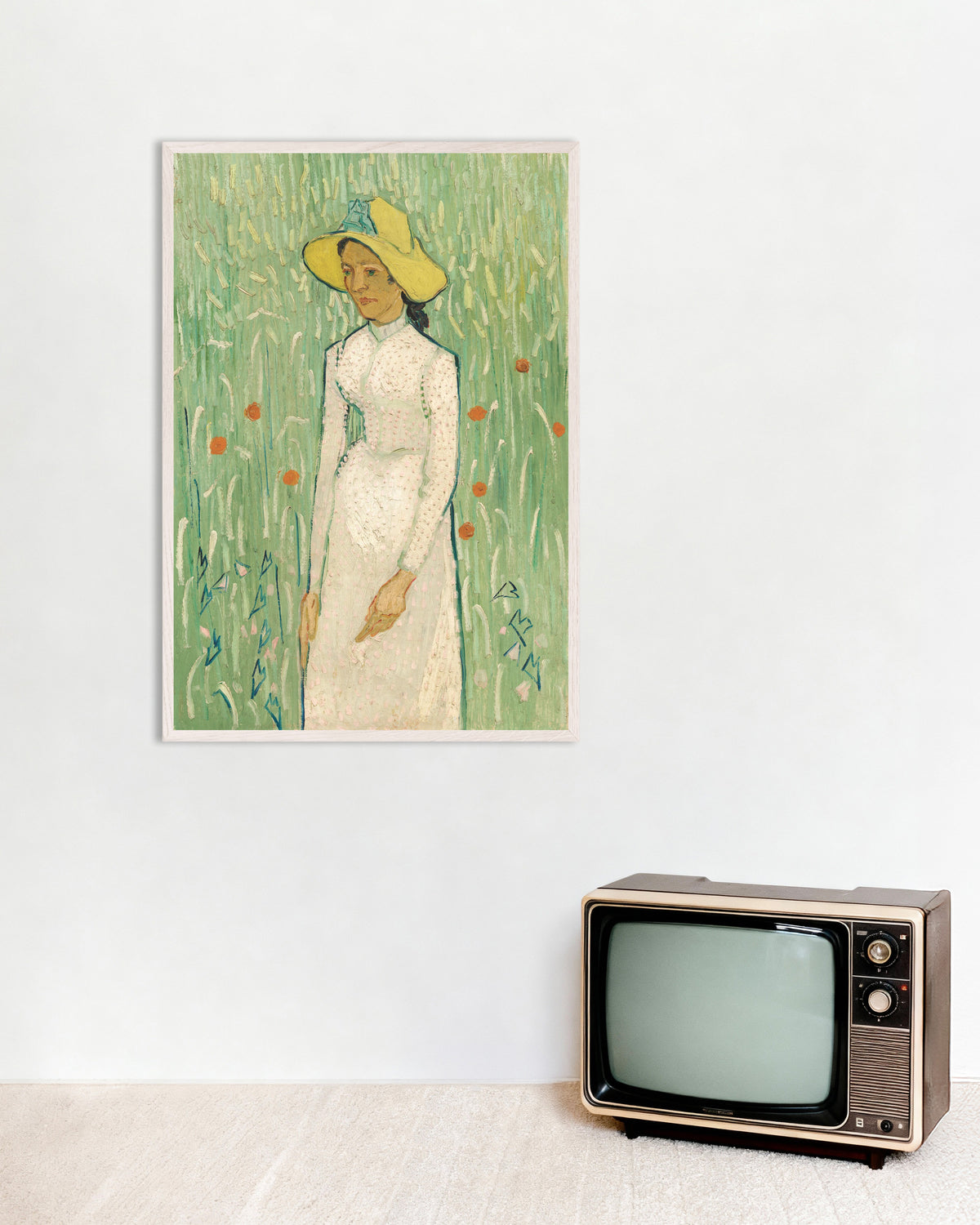 Poster de Rapariga de Branco (1890), de Vincent van Gogh, com moldura de madeira branca