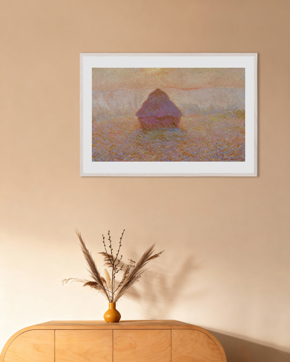 Poster Meda, Sol na Névoa (1891), de Claude Monet, com moldura de madeira branca
