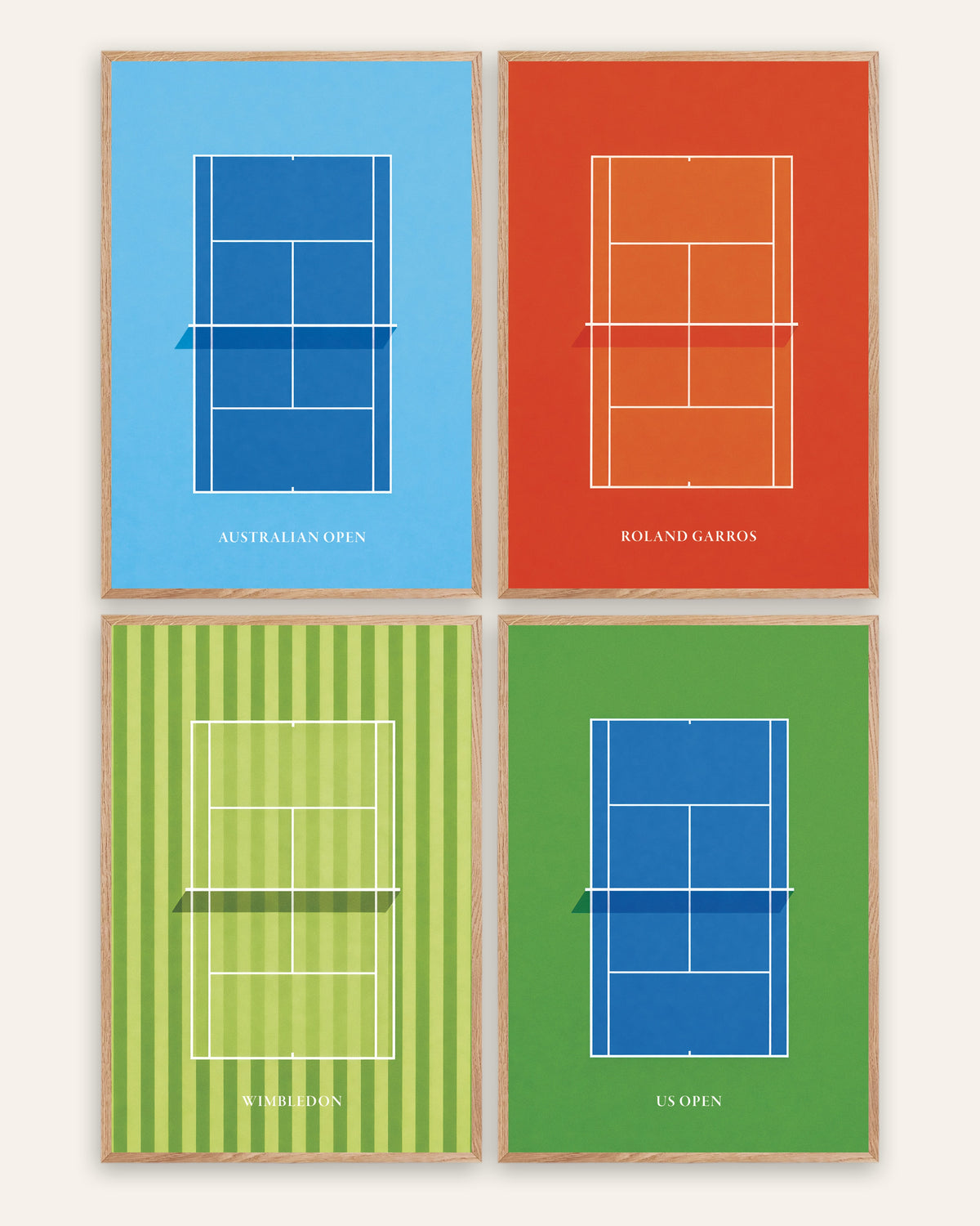 Posters de ténis Grand Slam, conjunto de 4: Open da Austrália, Roland Garros, Wimbledon e US Open, com molduras de carvalho natural