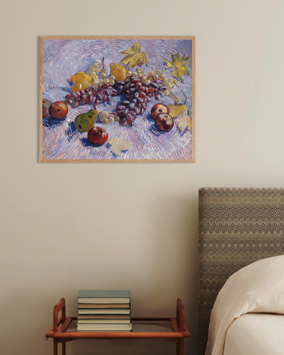 Poster de Uvas, limões, peras e maçãs (1887), de Vincent van Gogh, com moldura de madeira natural