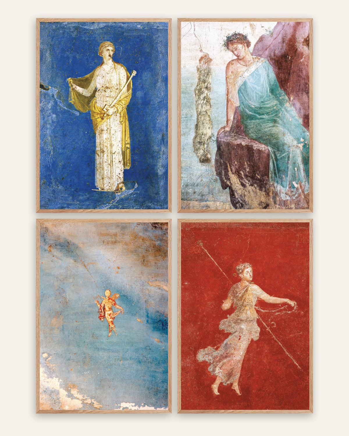 Posters de frescos romanos, conjunto de 4: Medeia, Ícaro, Psique e ménade, com molduras de carvalho natural