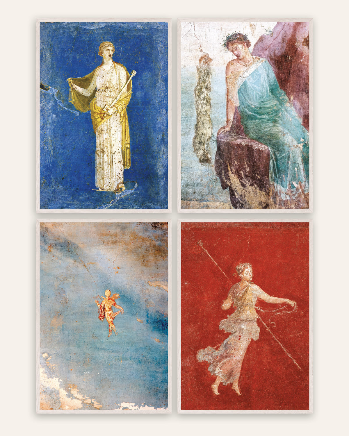 Posters de frescos romanos, conjunto de 4: Medeia, Ícaro, Psique e ménade, com molduras de carvalho branco